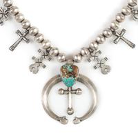 Navajo Sterling Silver and Turquoise Squash Blossom Necklace, with Double-Crosses