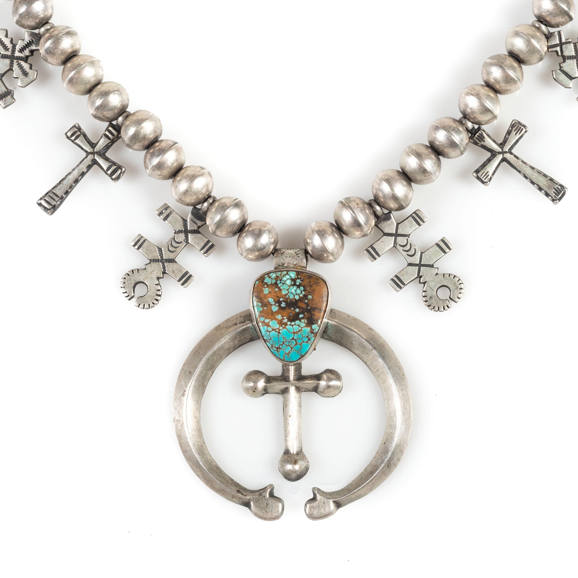 Navajo Sterling Silver and Turquoise Squash Blossom Necklace, with Double-Crosses