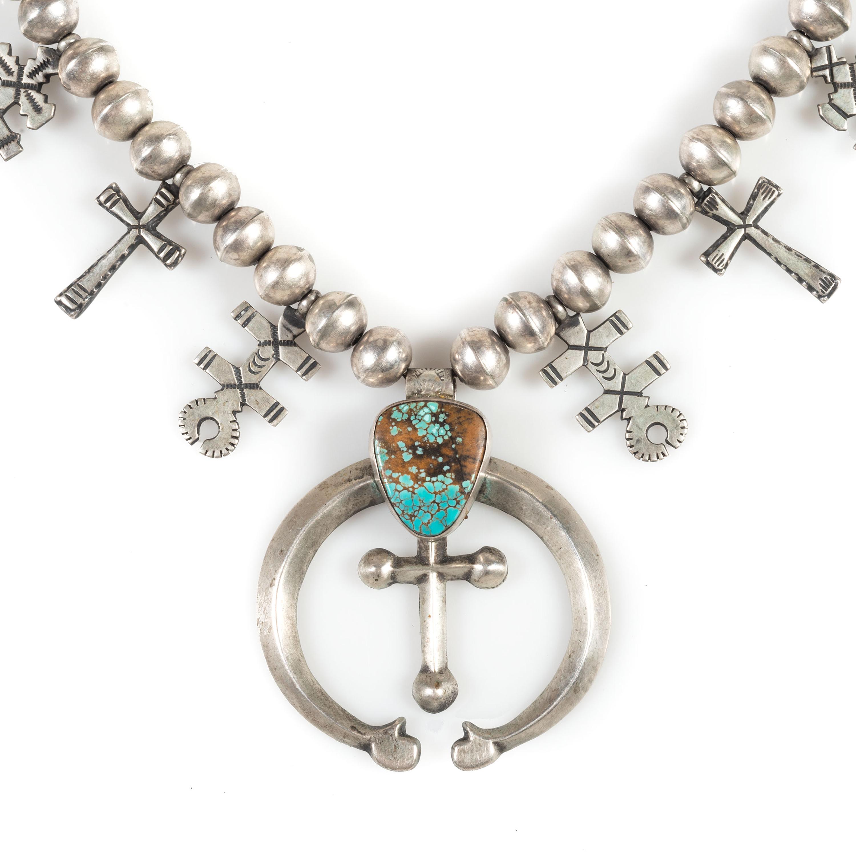 Navajo Sterling Silver and Turquoise Squash Blossom Necklace, with Double-Crosses