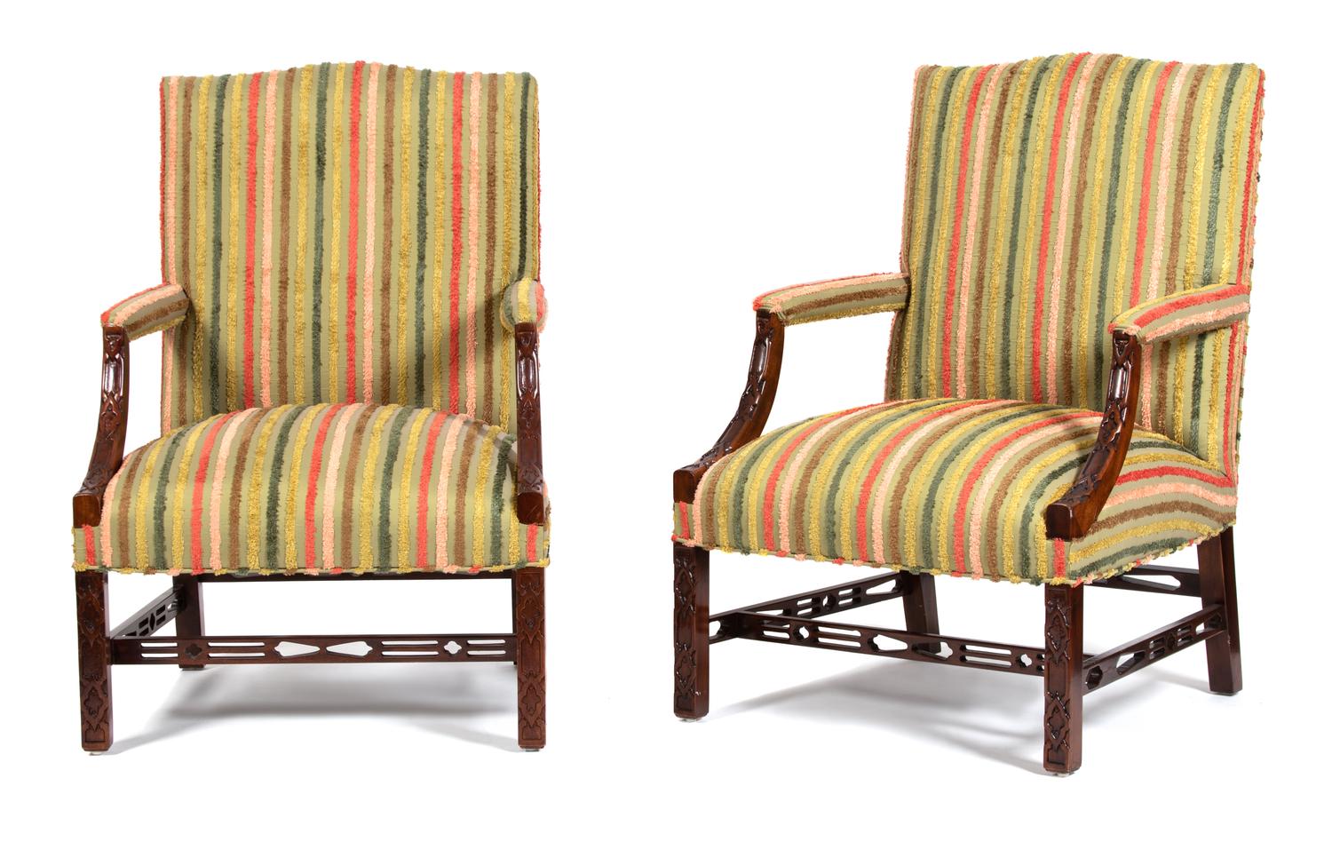A Pair of George III Chinese Chippendale Style Upholstered Armchairs Height 42 x width 29 x depth 25 inches. — 20TH CENTURY