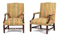 A Pair of George III Chinese Chippendale Style Upholstered Armchairs Height 42 x width 29 x depth 25 inches. — 20TH CENTURY