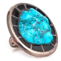 Silver, Turquoise, and Jet Ring