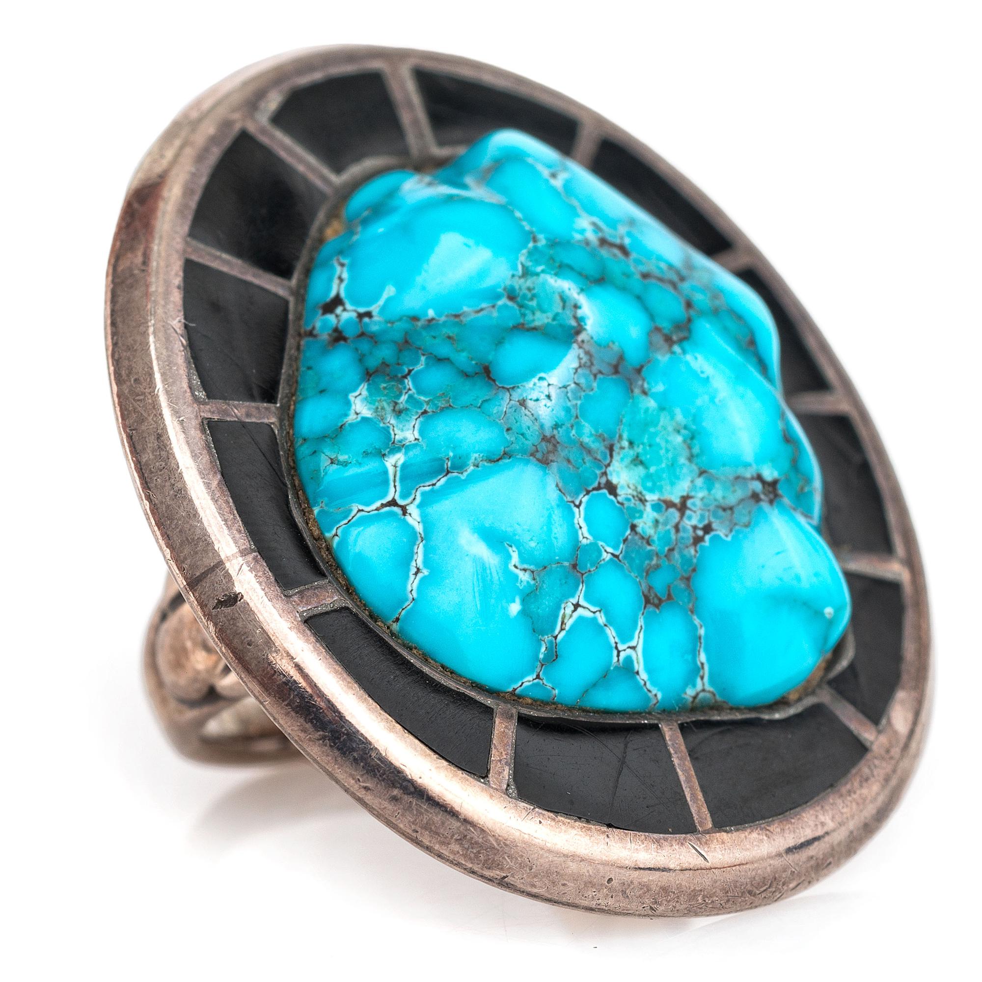 Silver, Turquoise, and Jet Ring
