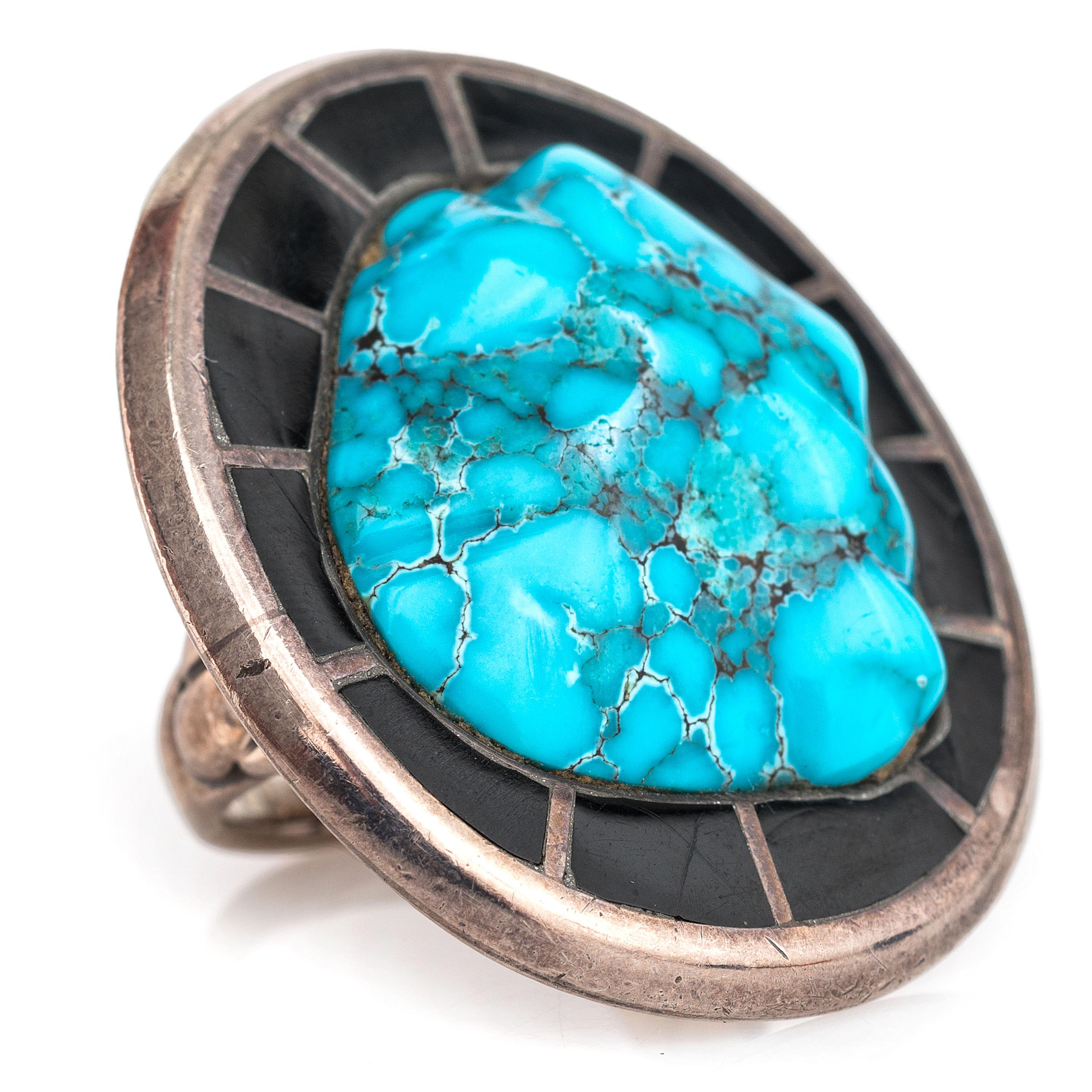 Silver, Turquoise, and Jet Ring