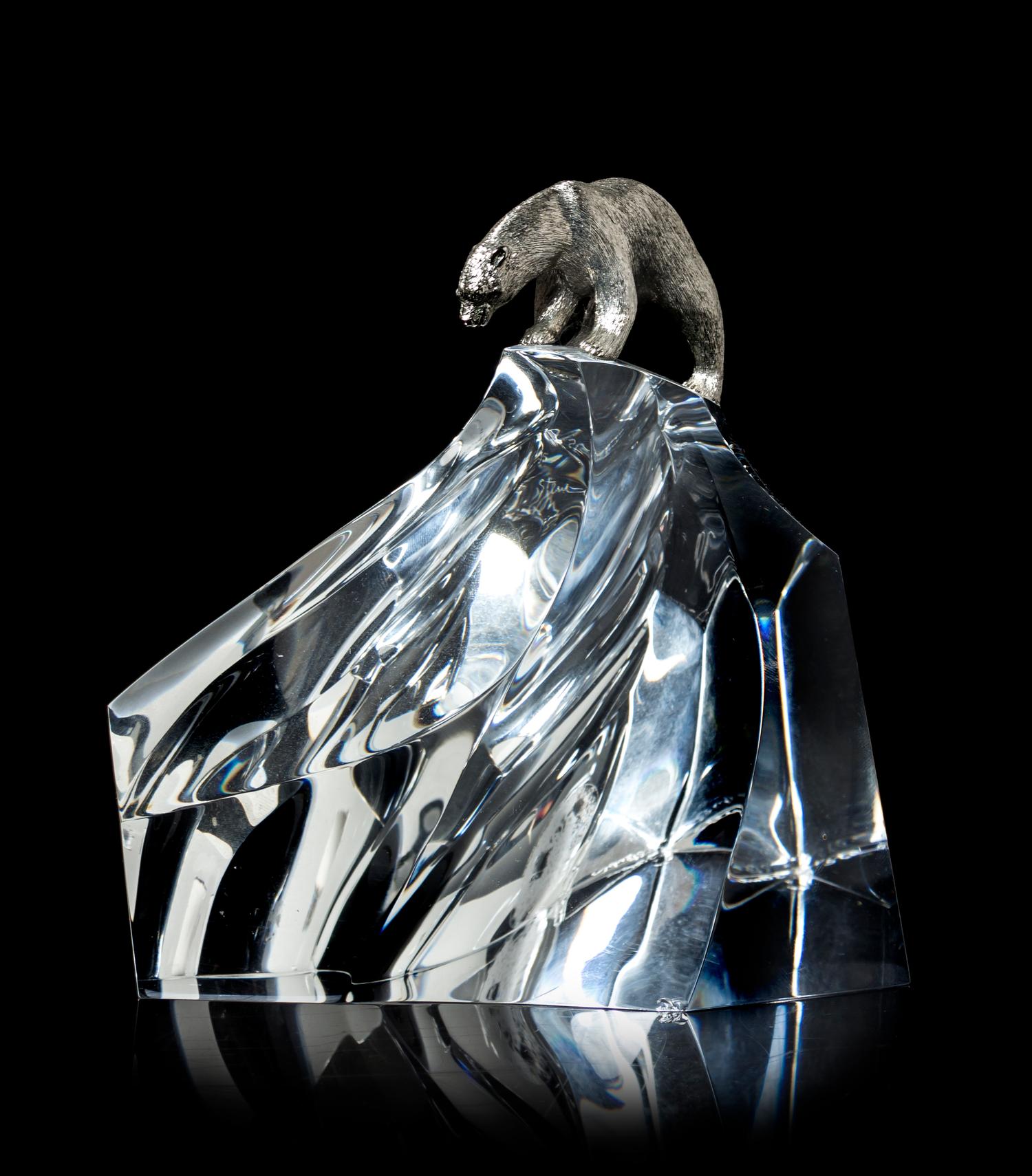 A Steuben Glass and Sterling Silver Sculpture, Height 5 inches.