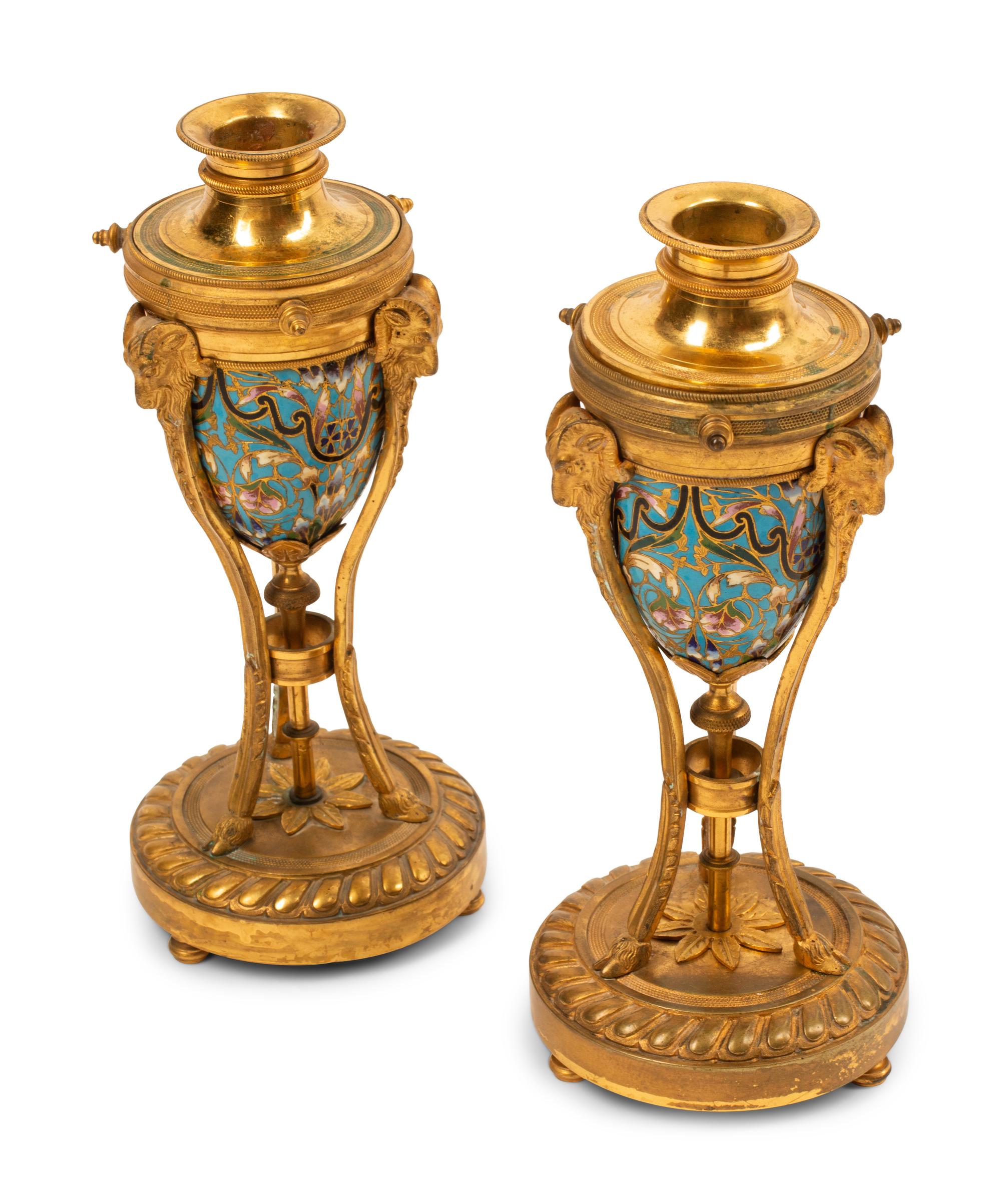A Pair of Louis XVI Style Gilt Bronze Mounted Champlevé Cassolettes