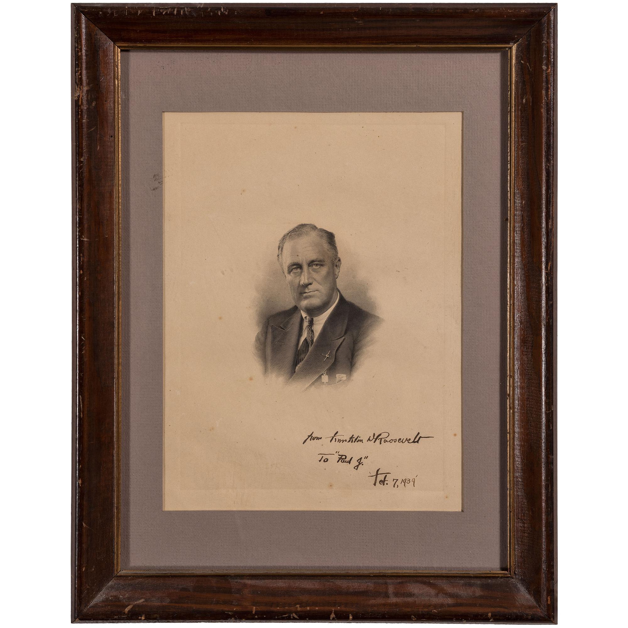 ROOSEVELT, Franklin Delano (1882-1945). Engraving signed and inscribed below image ("Franklin D. Roosevelt"). N.p., 7 February 1939.