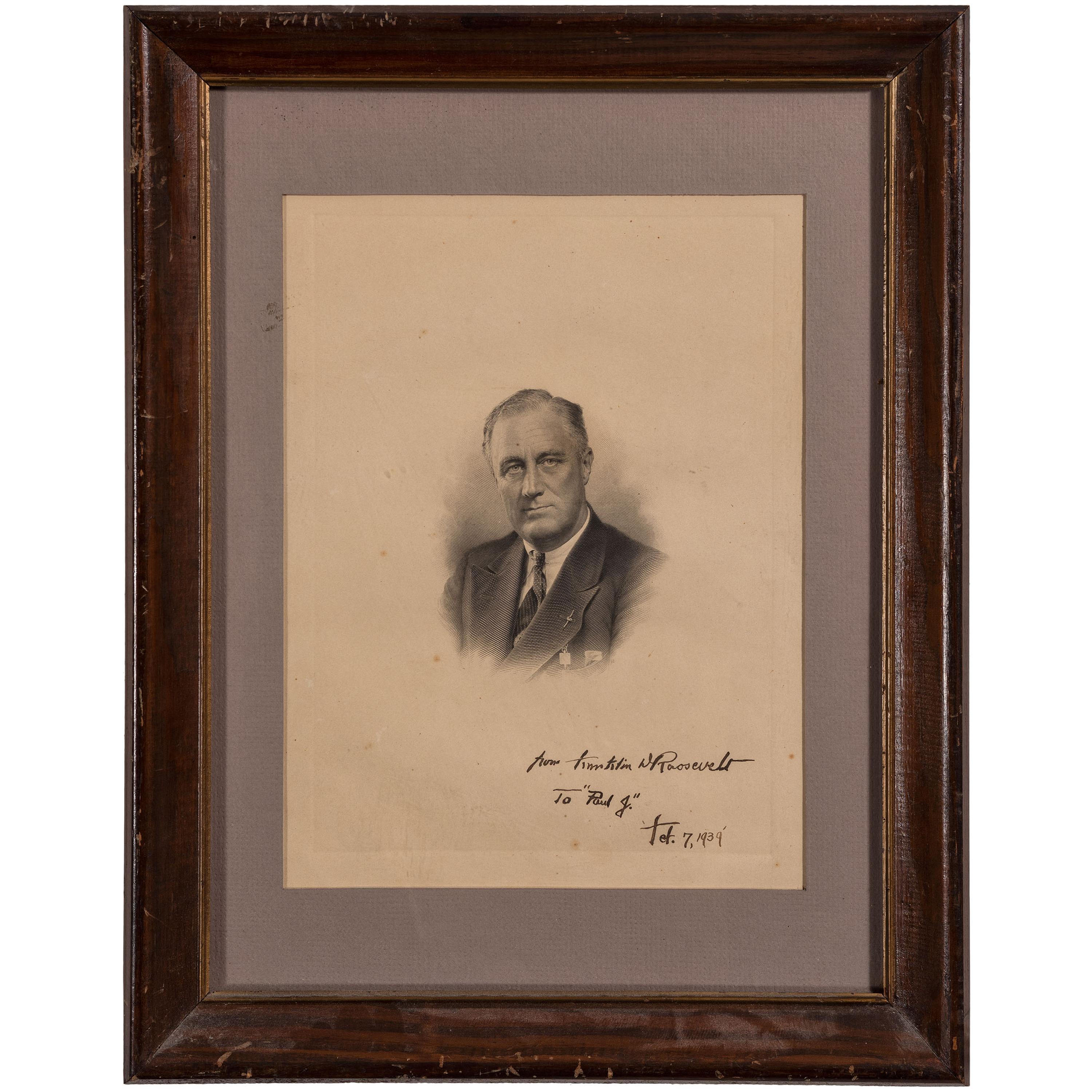 ROOSEVELT, Franklin Delano (1882-1945). Engraving signed and inscribed below image ("Franklin D. Roosevelt"). N.p., 7 February 1939.