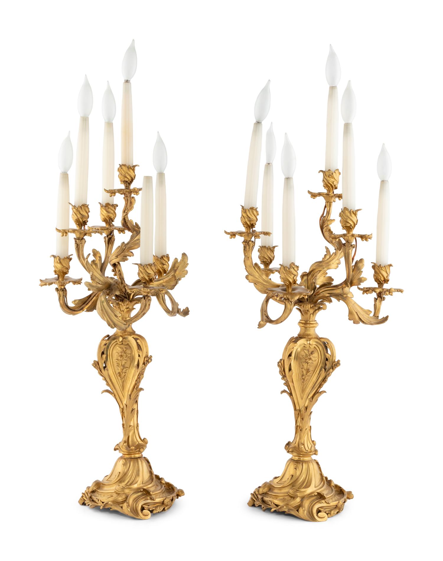 A Pair of Louis XV Style Gilt Bronze Six-Light Candelabra Mounted as Lamps