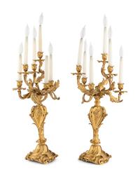 A Pair of Louis XV Style Gilt Bronze Six-Light Candelabra Mounted as Lamps