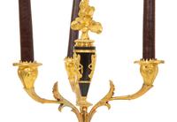 A Pair of Empire Style Gilt and Patinated Bronze Three-Light Candelabra