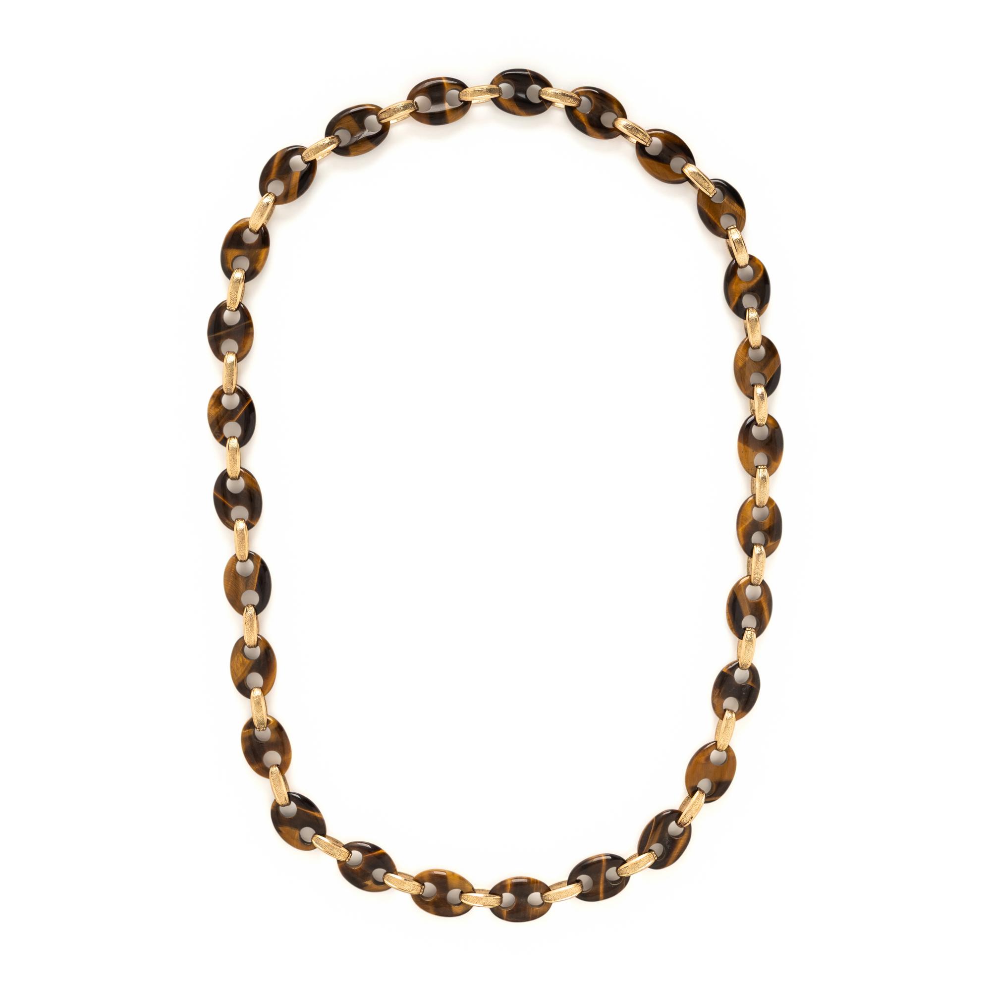 Two Tiger's Eye and Yellow Gold Beaded Necklaces, and One Malachite Beaded Necklace