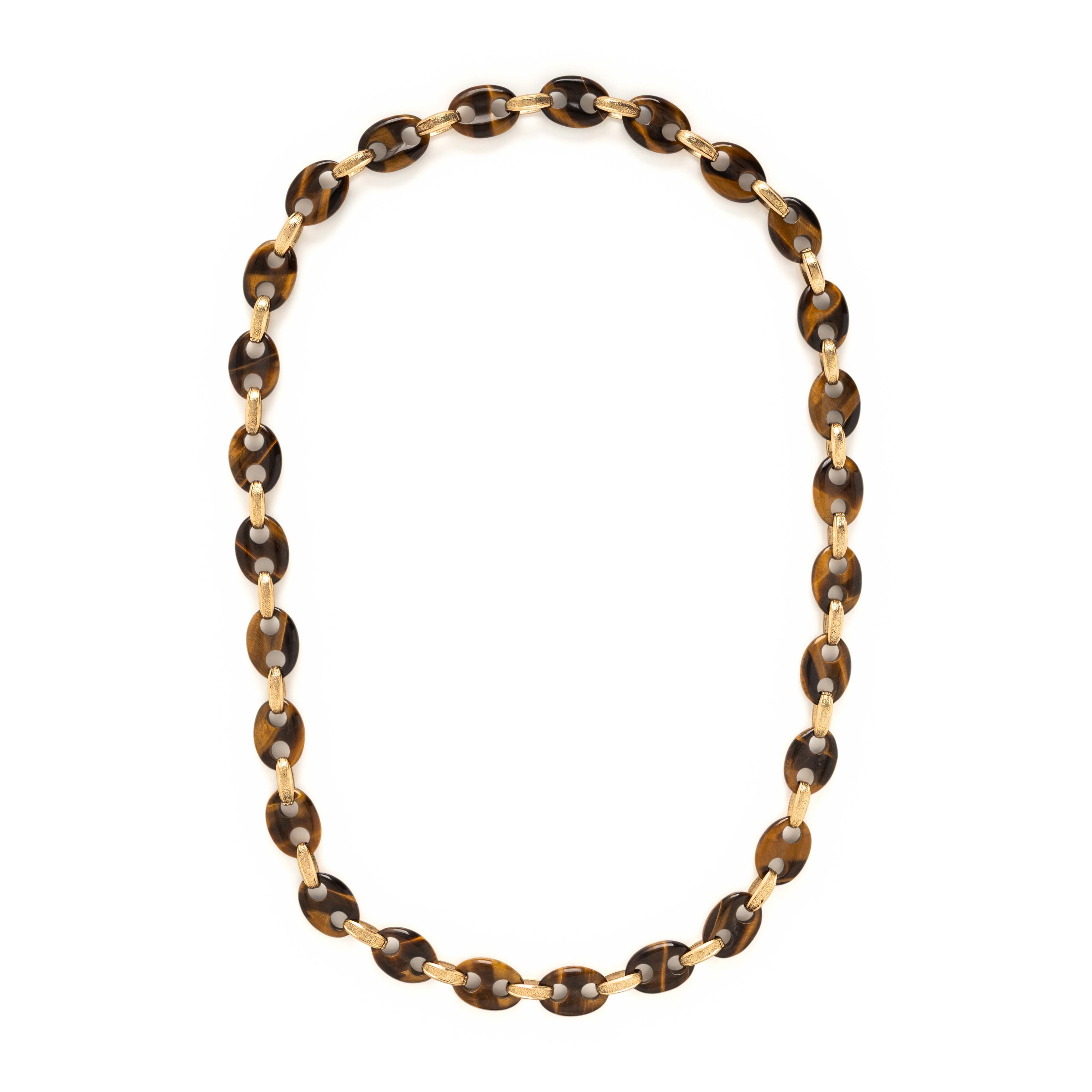 Two Tiger's Eye and Yellow Gold Beaded Necklaces, and One Malachite Beaded Necklace