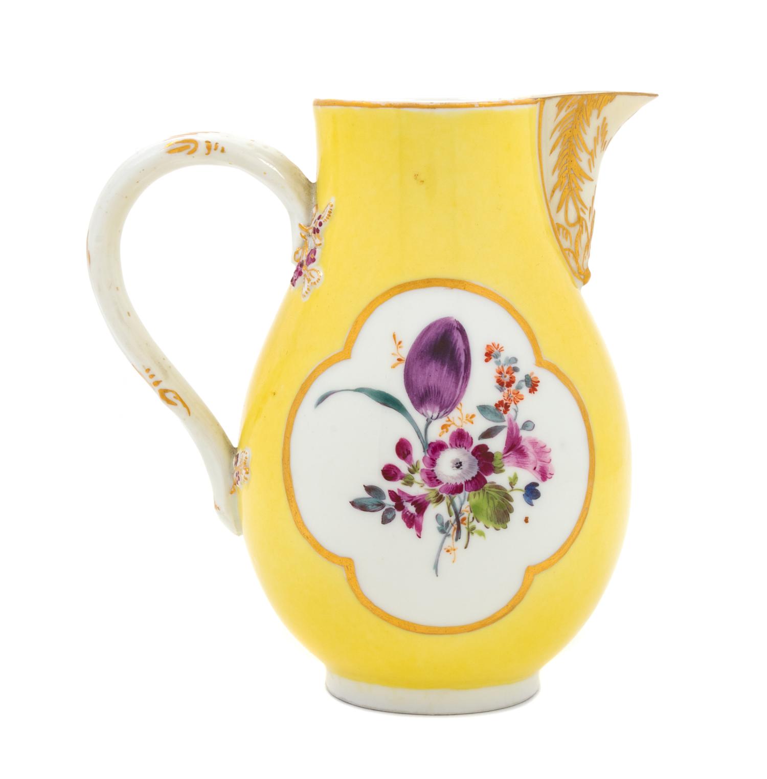 A Meissen Painted and Parcel Gilt Yellow Ground Porcelain Milk Jug