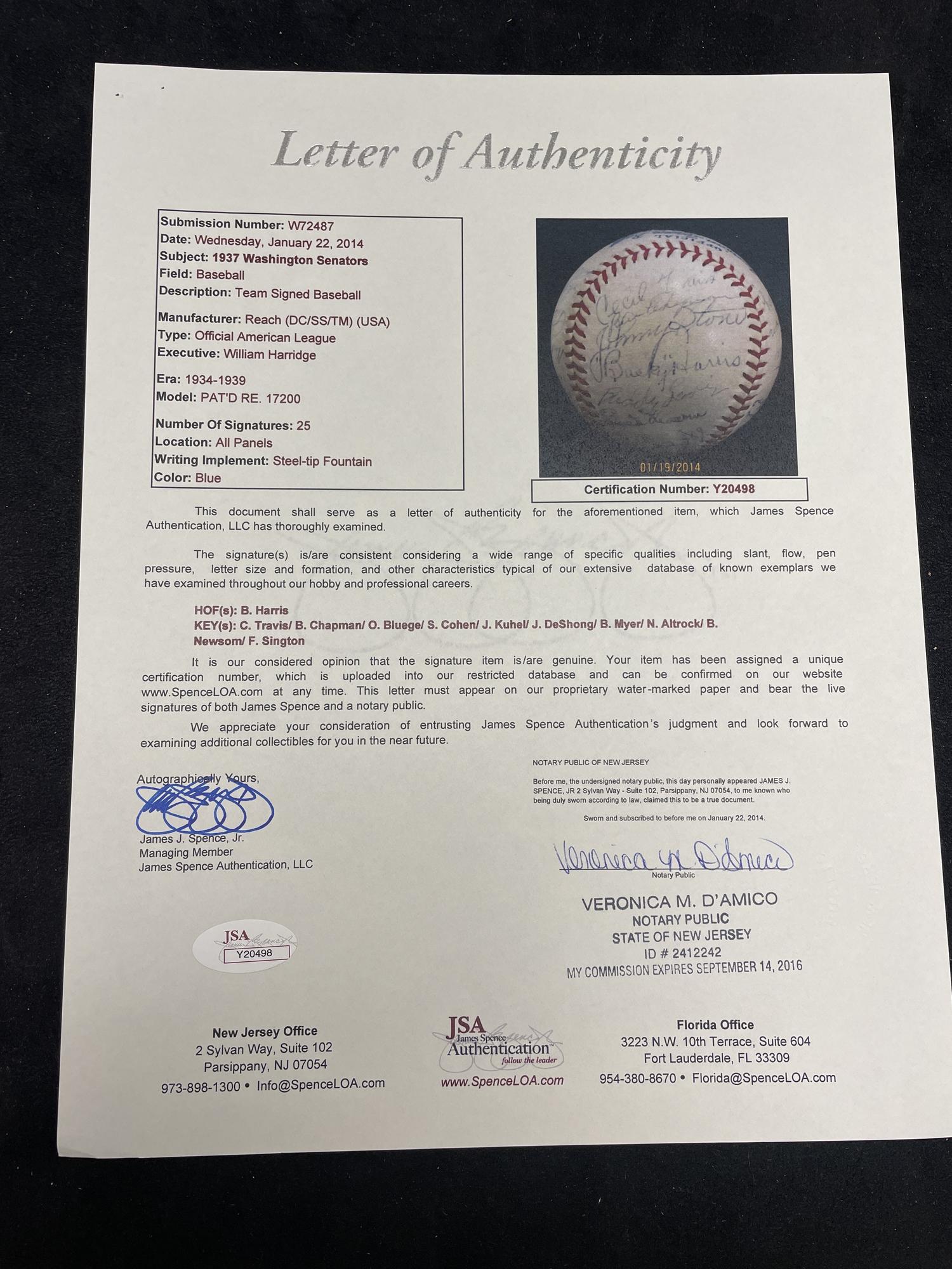 A 1937 Washington Senators Team Signed Autograph Baseball Including Bucky Harris (JSA Letter of Authenticity),