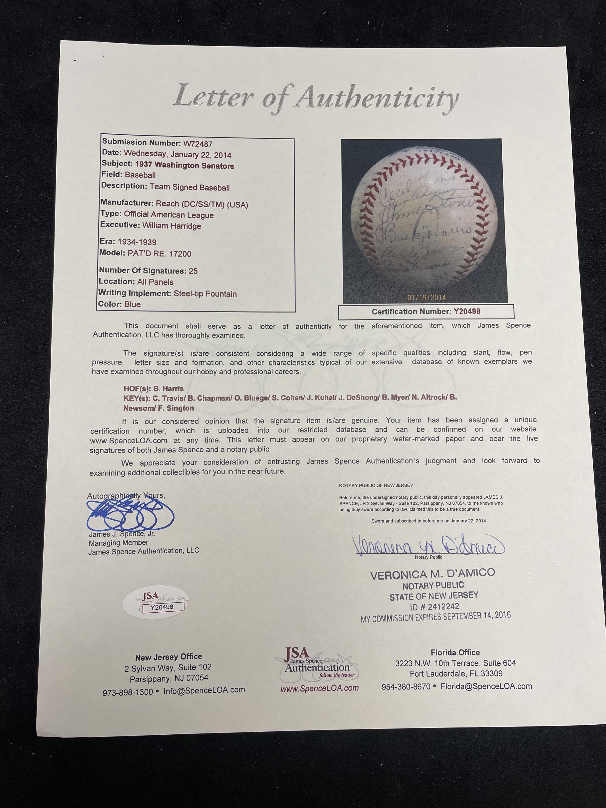 A 1937 Washington Senators Team Signed Autograph Baseball Including Bucky Harris (JSA Letter of Authenticity),