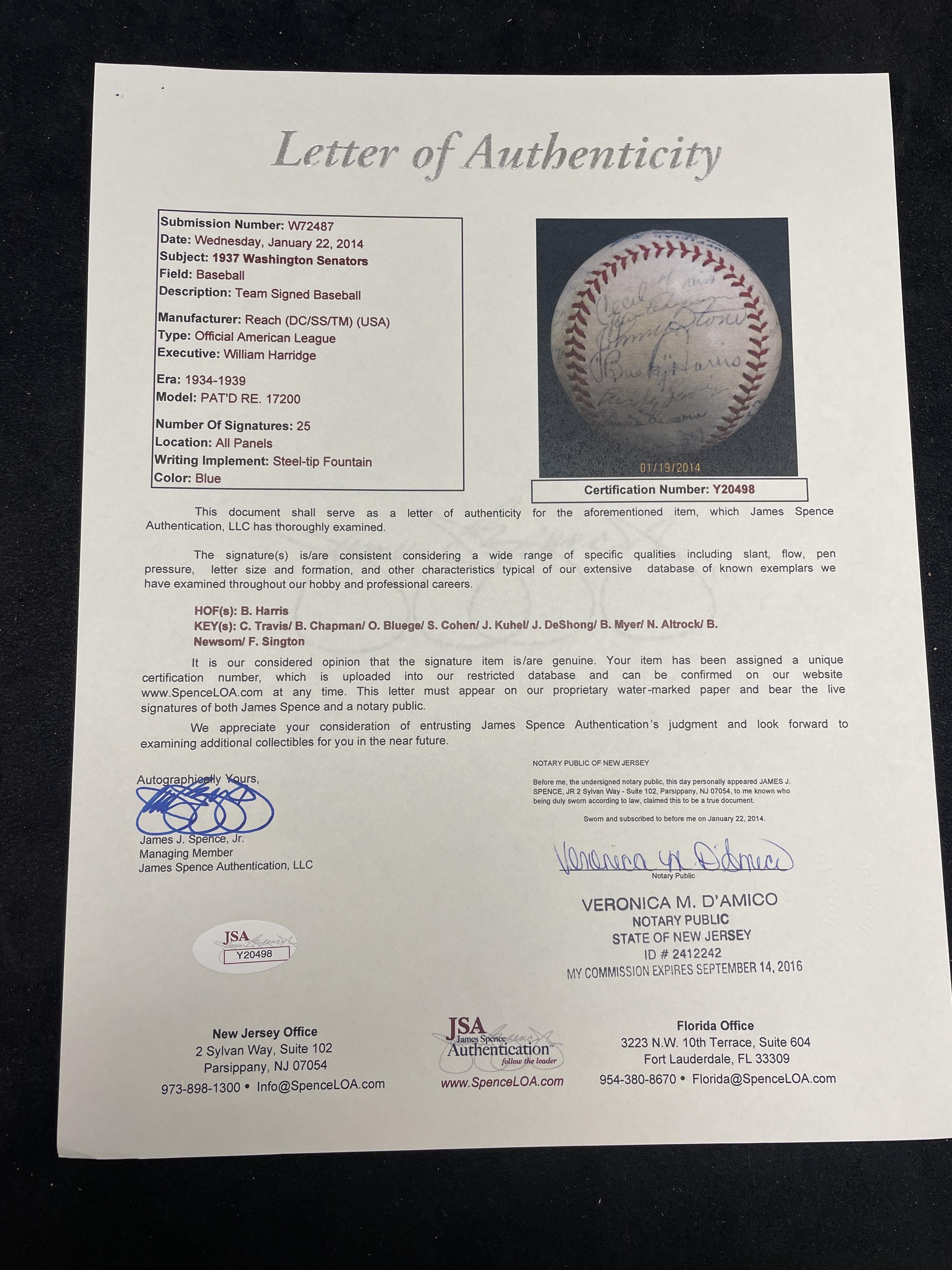 A 1937 Washington Senators Team Signed Autograph Baseball Including Bucky Harris (JSA Letter of Authenticity),