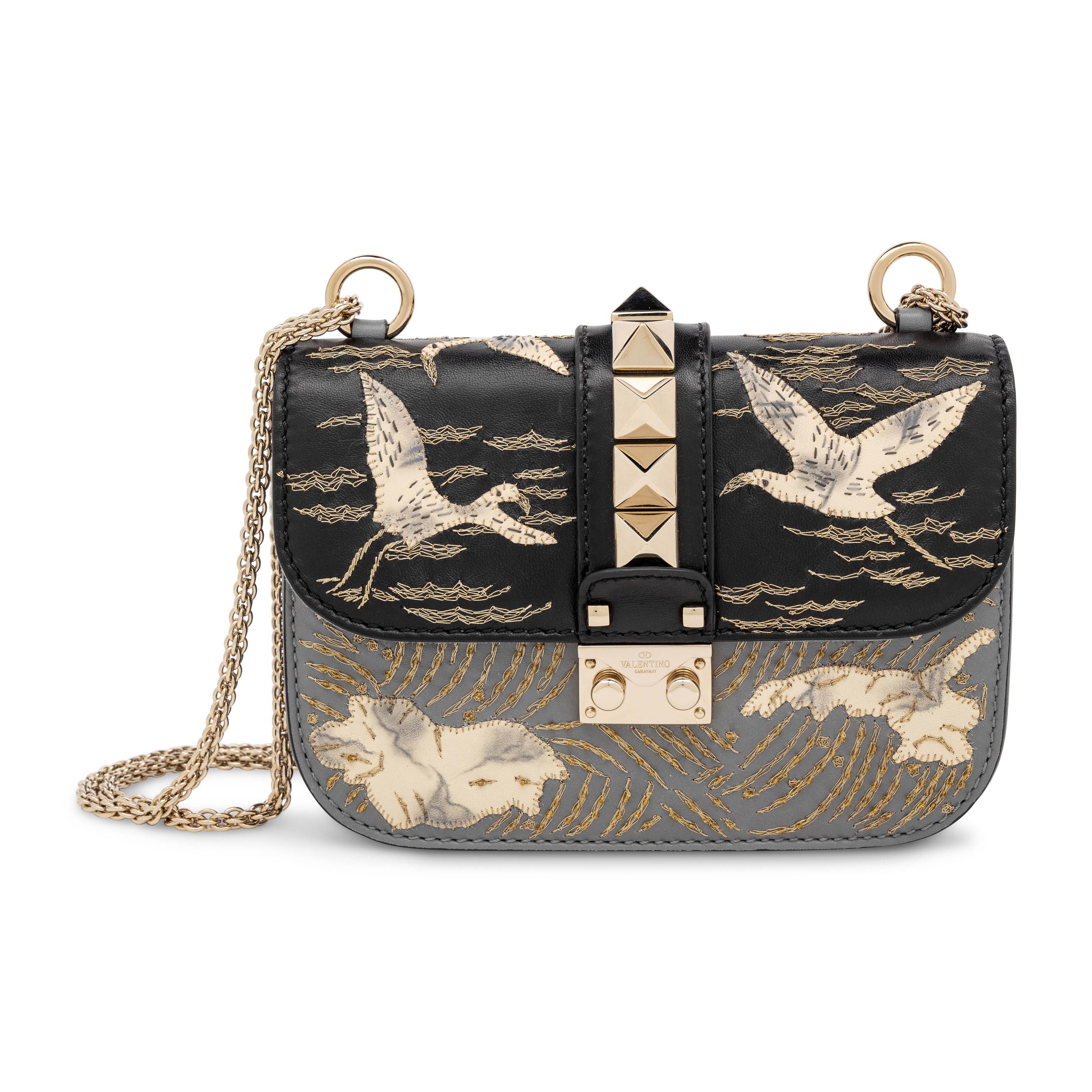 Valentino, Small Glam Lock Bag in Embroidered Leather