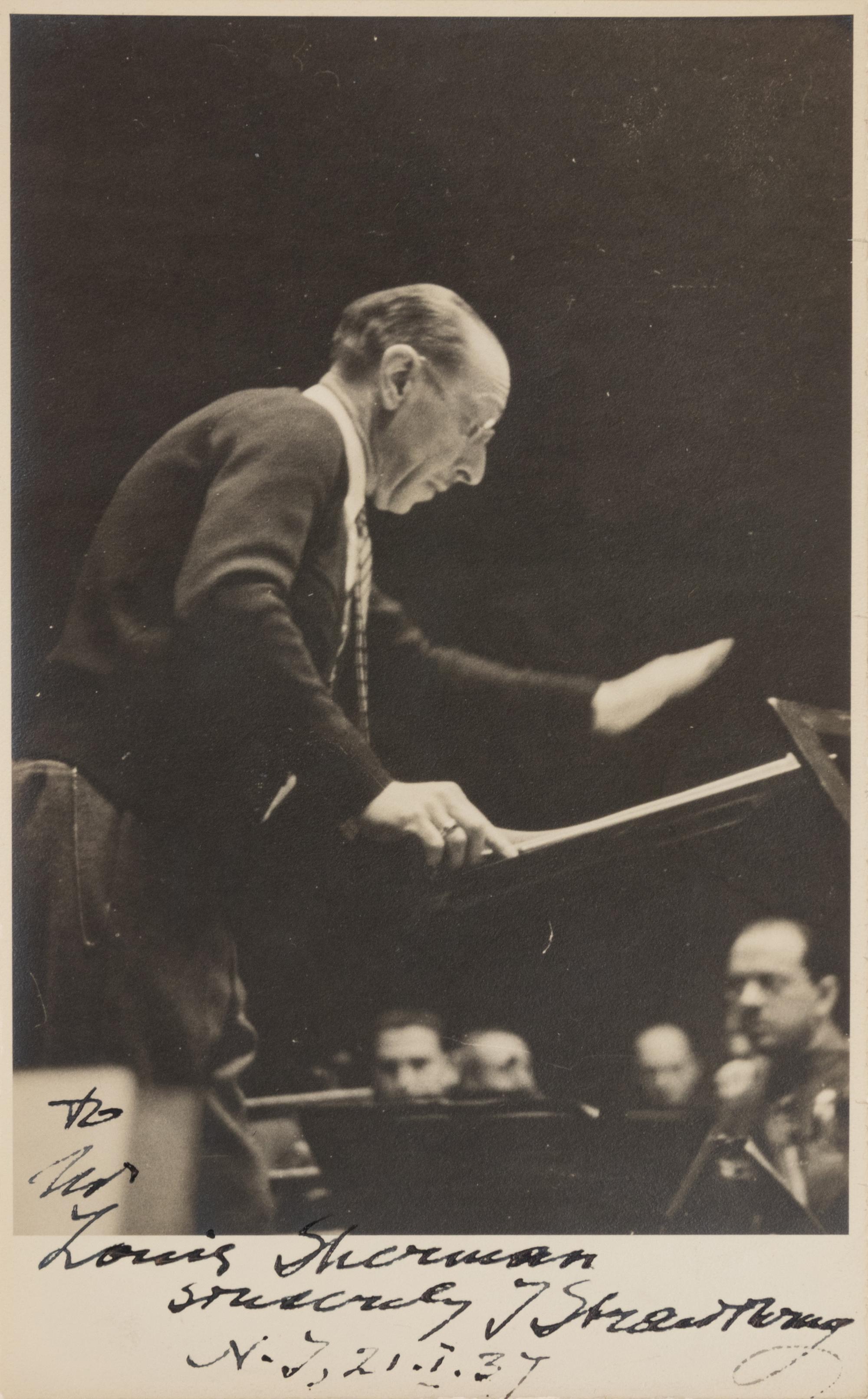 STRAVINSKY, Igor (1882-1971). Black and white photograph, signed (“I Stravinsky”) and additionally inscribed, 21 July 1937.