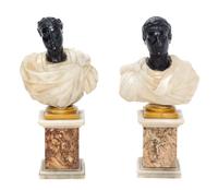 A Pair of Continental Marble and Hardstone Busts Height 8 inches.