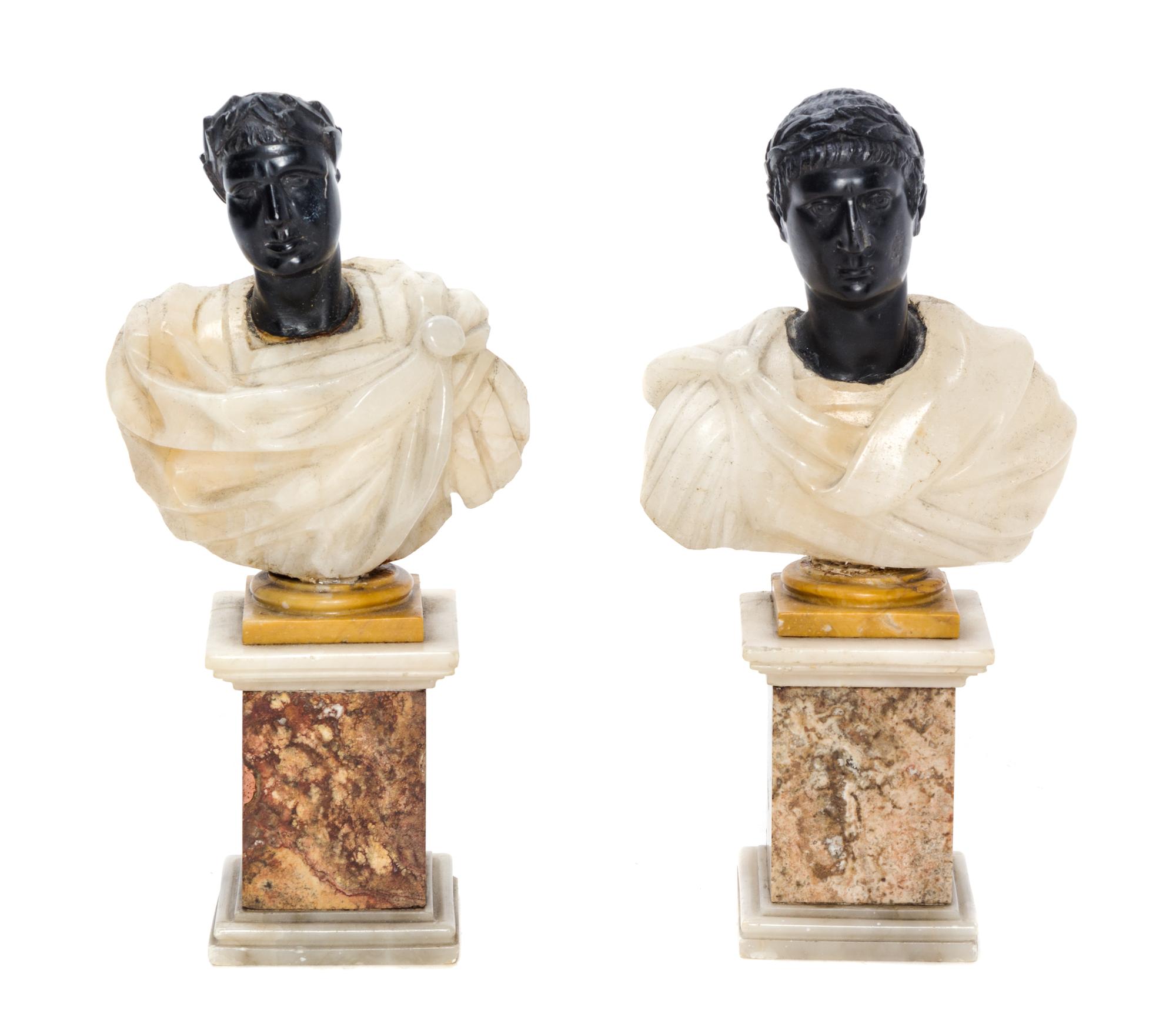 A Pair of Continental Marble and Hardstone Busts Height 8 inches.
