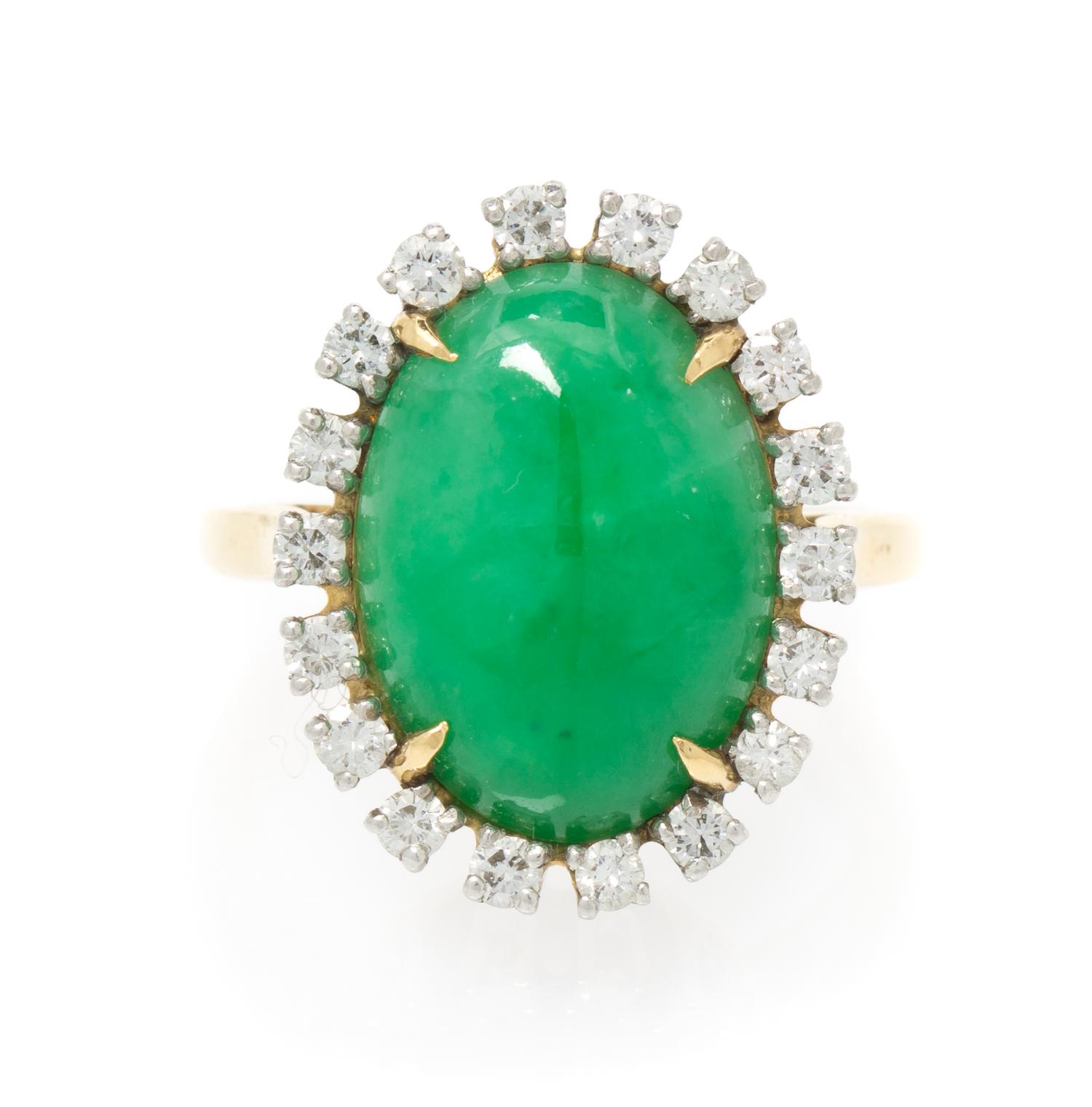An 18 Karat Yellow Gold, Platinum, Jade and Diamond Ring, 3.60 dwts.