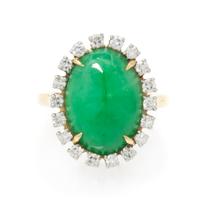 An 18 Karat Yellow Gold, Platinum, Jade and Diamond Ring, 3.60 dwts.