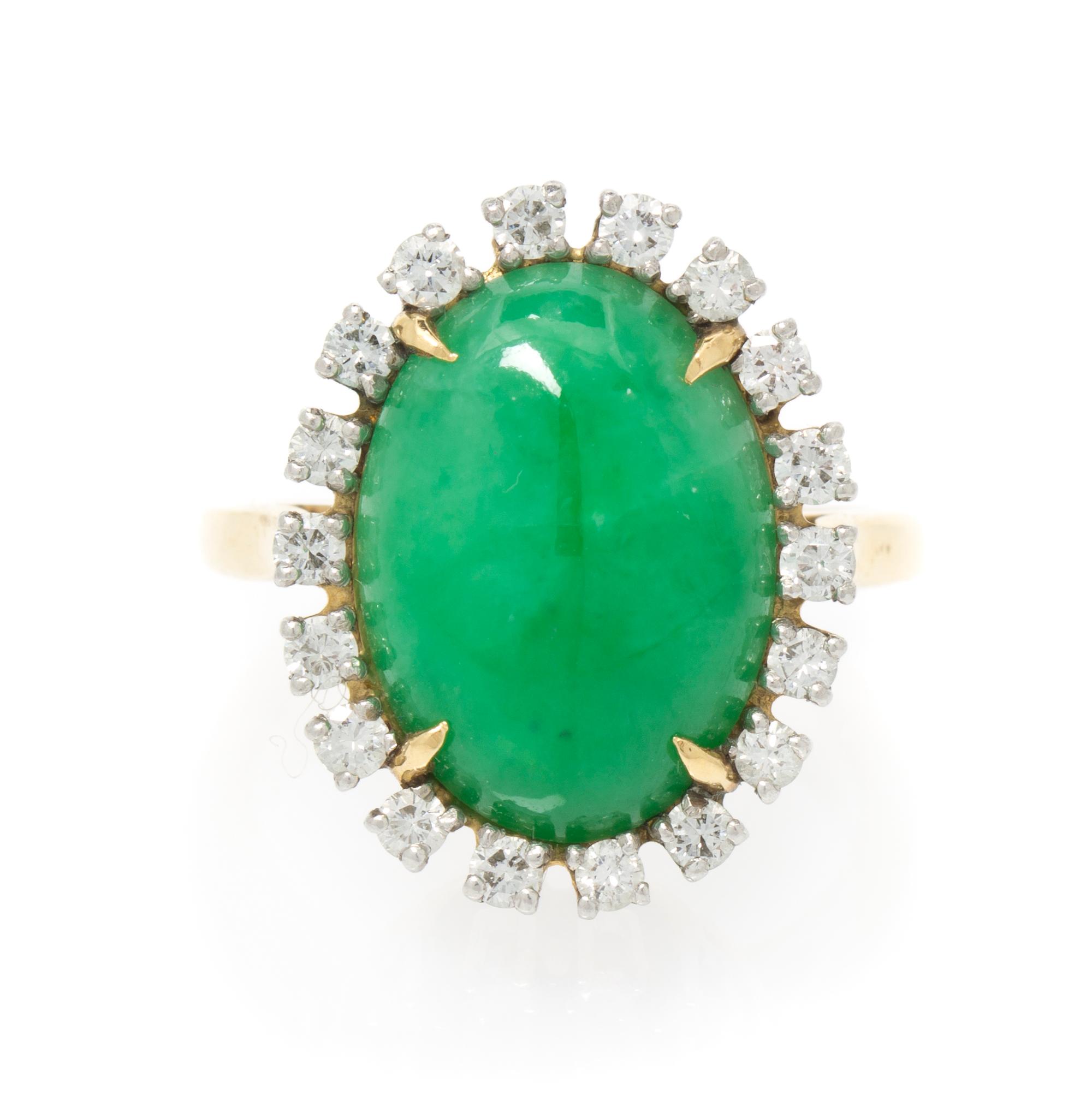 An 18 Karat Yellow Gold, Platinum, Jade and Diamond Ring, 3.60 dwts.