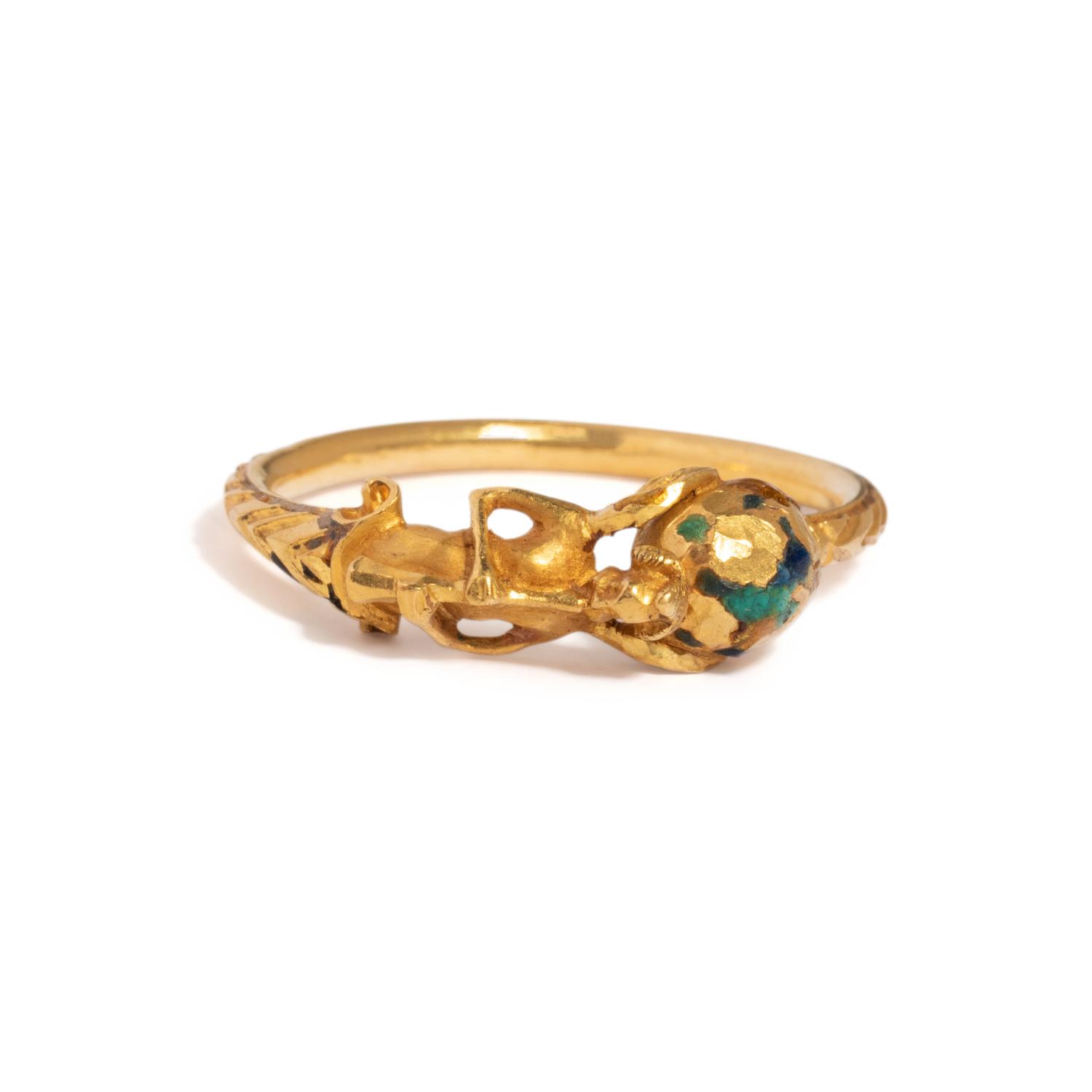 ANTIQUE, YELLOW GOLD AND ENAMEL 'PAN' FIGURE RING