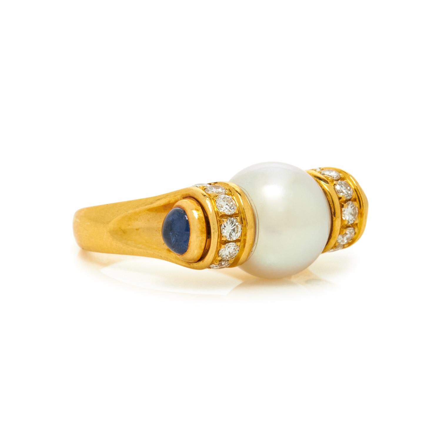 BULGARI, CULTURED PEARL, SAPPHIRE, AND DIAMOND RING