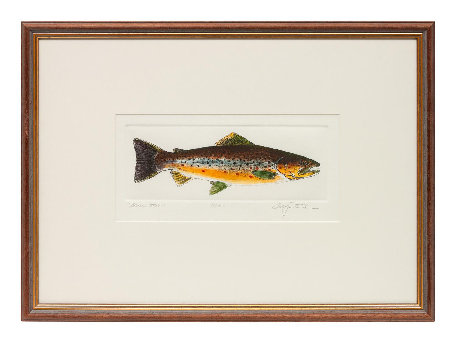 Two Copies, Dominique at Daybreak, editions 64/100 and 43/100; together with Brown Trout , edition 39/500, signed illegibly and Red Hen , edition 22/50, signed illegibly