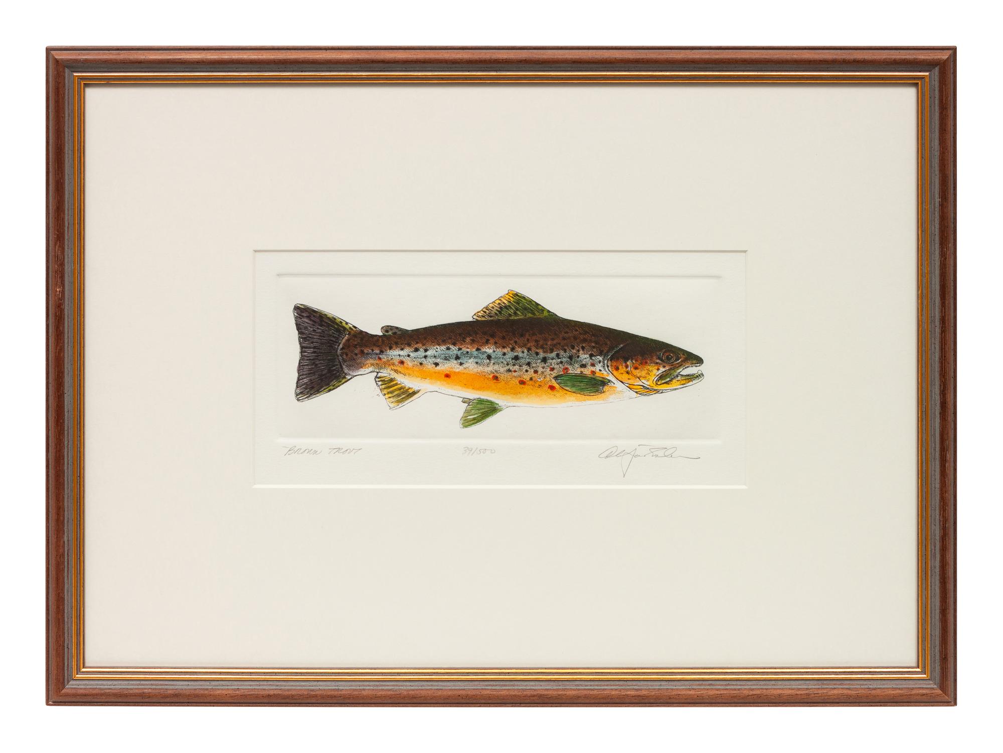 Two Copies, Dominique at Daybreak, editions 64/100 and 43/100; together with Brown Trout , edition 39/500, signed illegibly and Red Hen , edition 22/50, signed illegibly