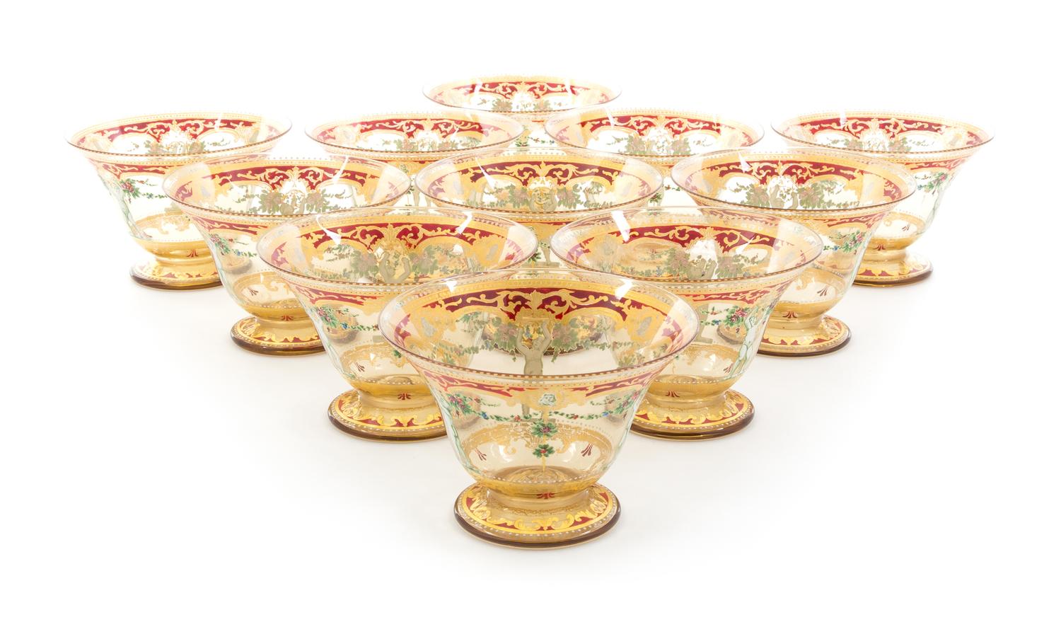 A Set of Eleven Enameled Glass Bowls Diameter 4 1/2 inches.