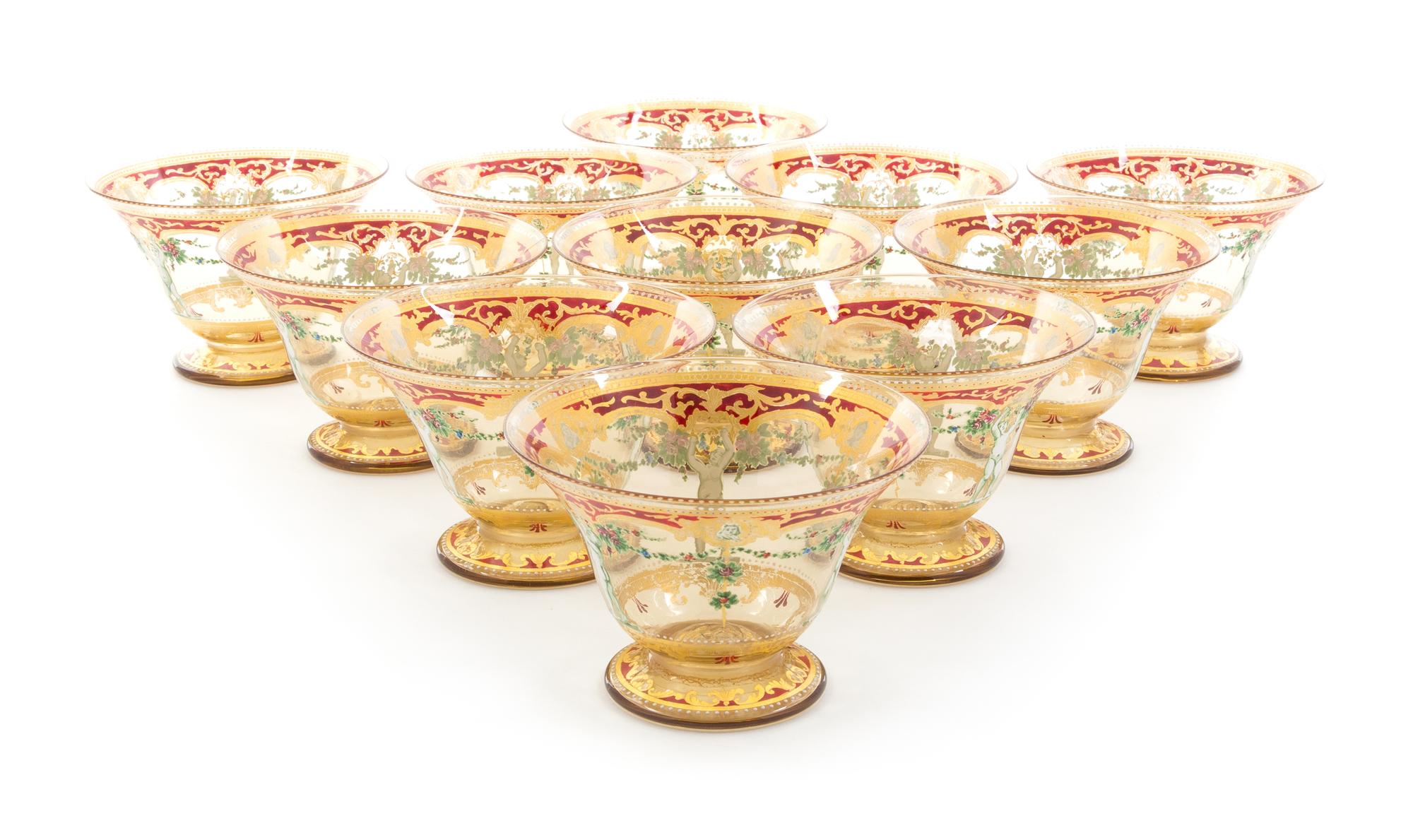 A Set of Eleven Enameled Glass Bowls Diameter 4 1/2 inches.