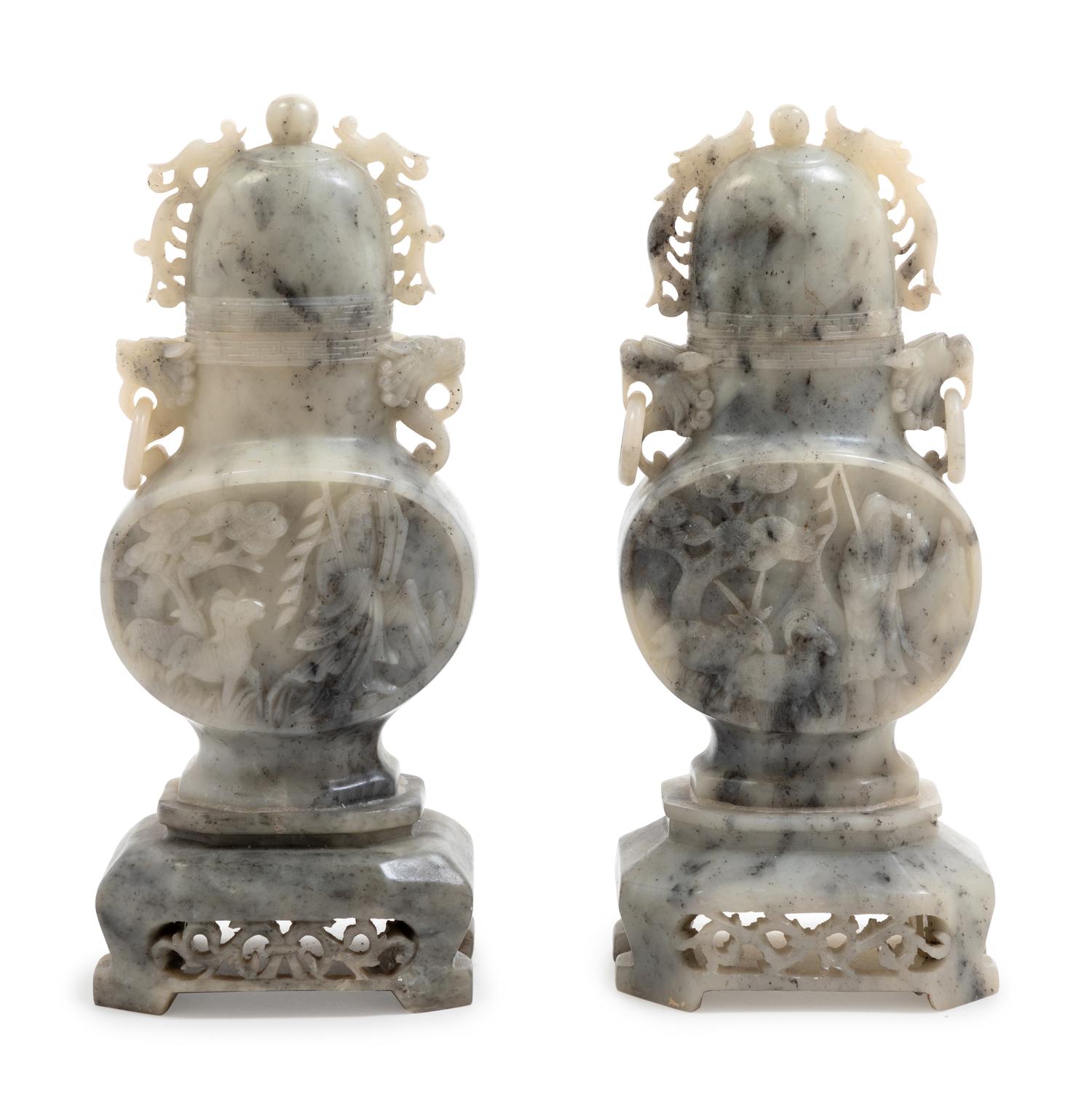 A Pair of Chinese Carved Hardstone Covered Jars