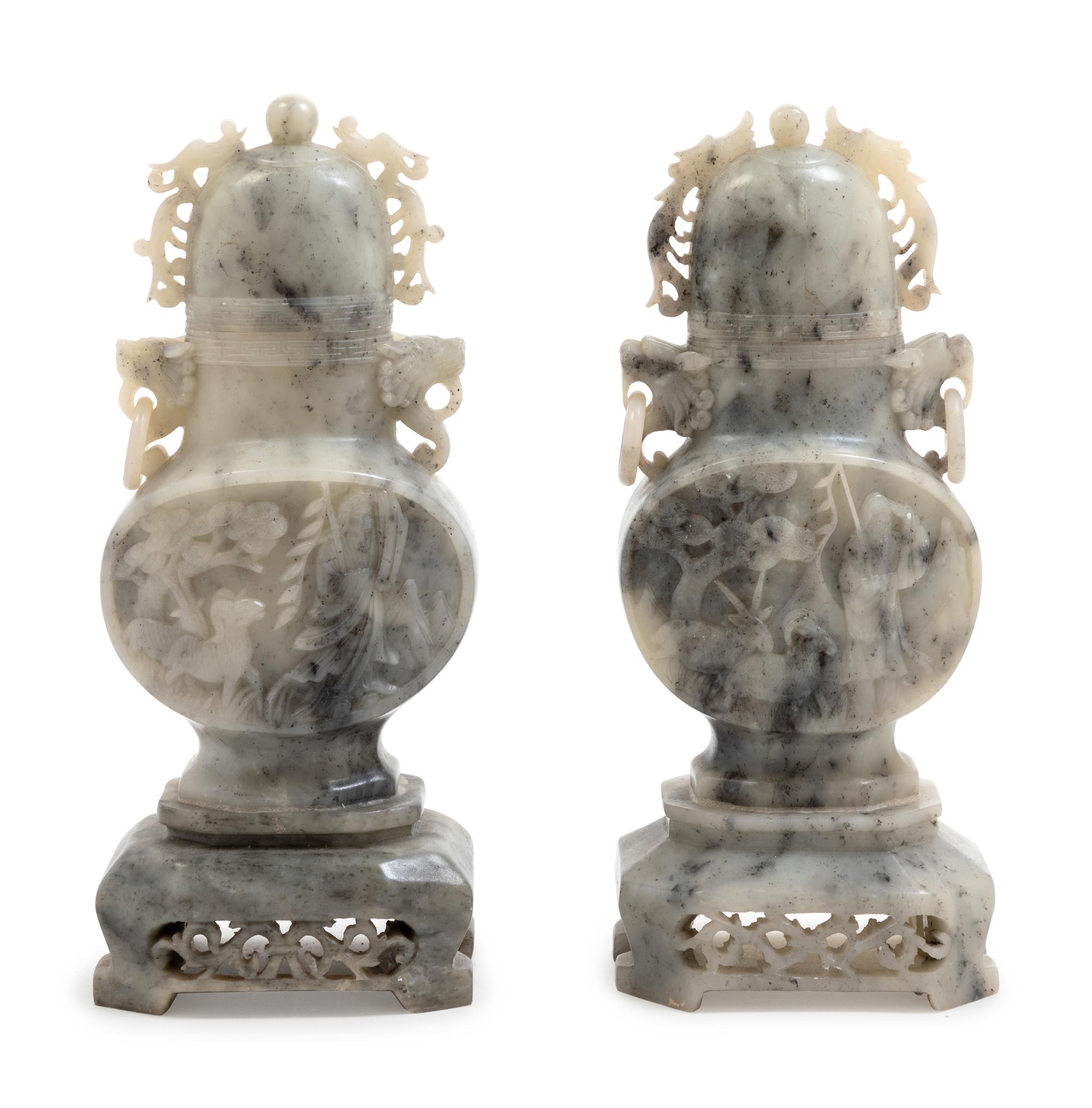 A Pair of Chinese Carved Hardstone Covered Jars
