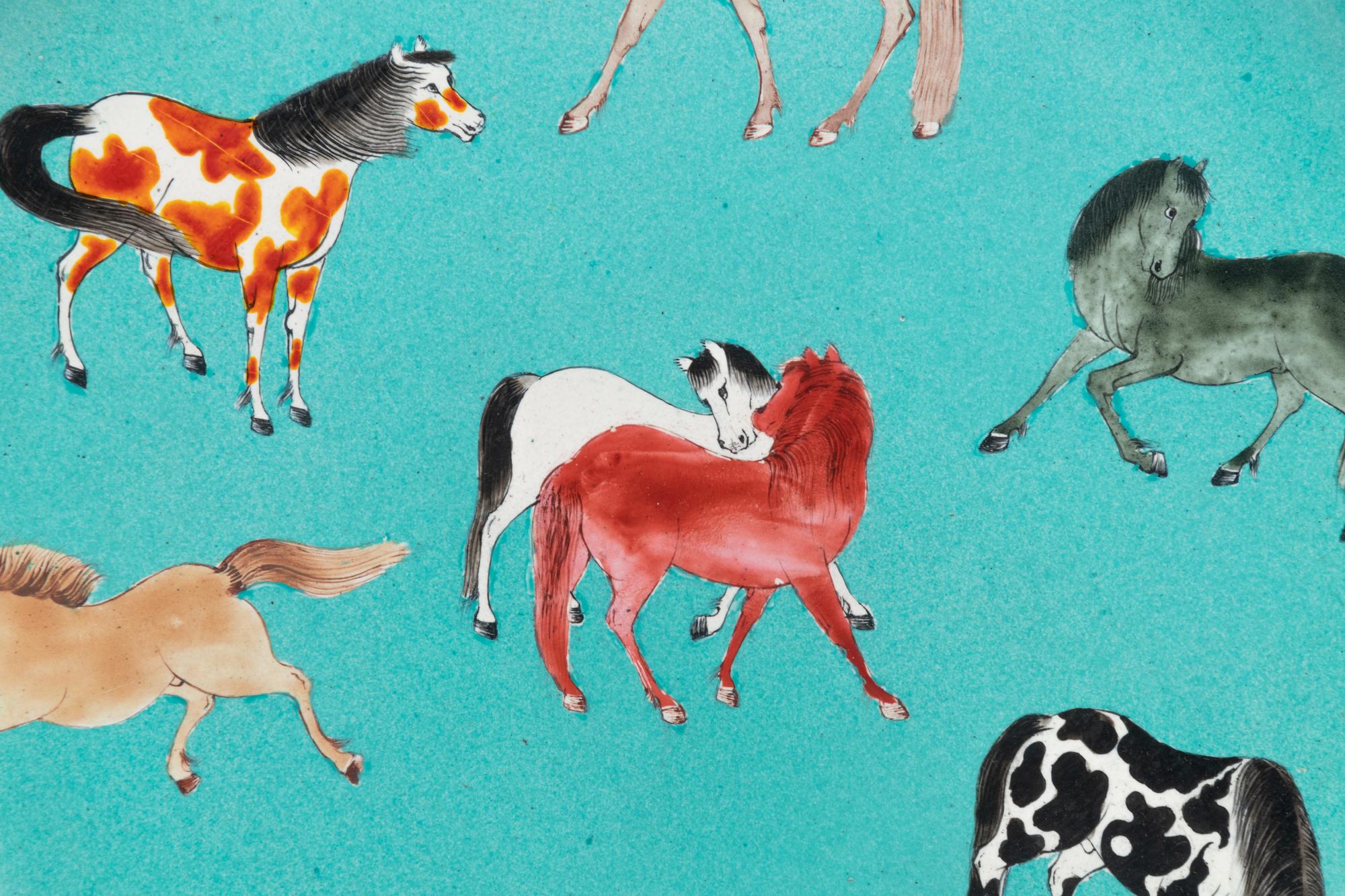 A Chinese Canton Enamel on Copper 'Eight Horses' Plate