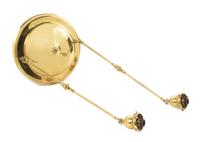 Quezal, EARLY 20TH CENTURY, a pair of glass shades, each with ribbed decoration, together with a brass two-light fixture