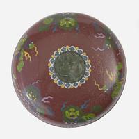 A Chinese jade-embellished cloisonné box 翠玉嵌掐丝珐琅圆盒