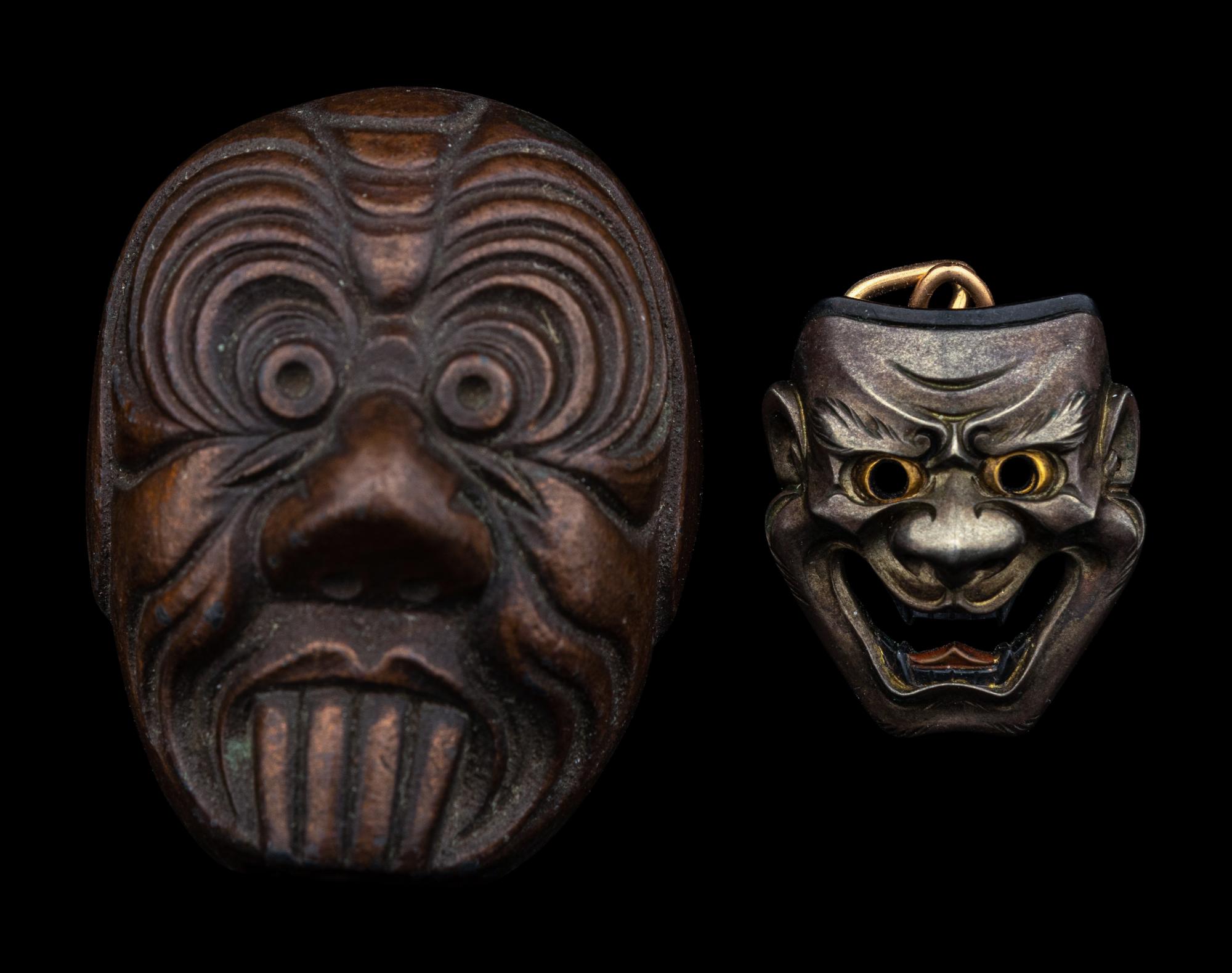 12 Japanese Wood and Metal 'Mask' Netsuke