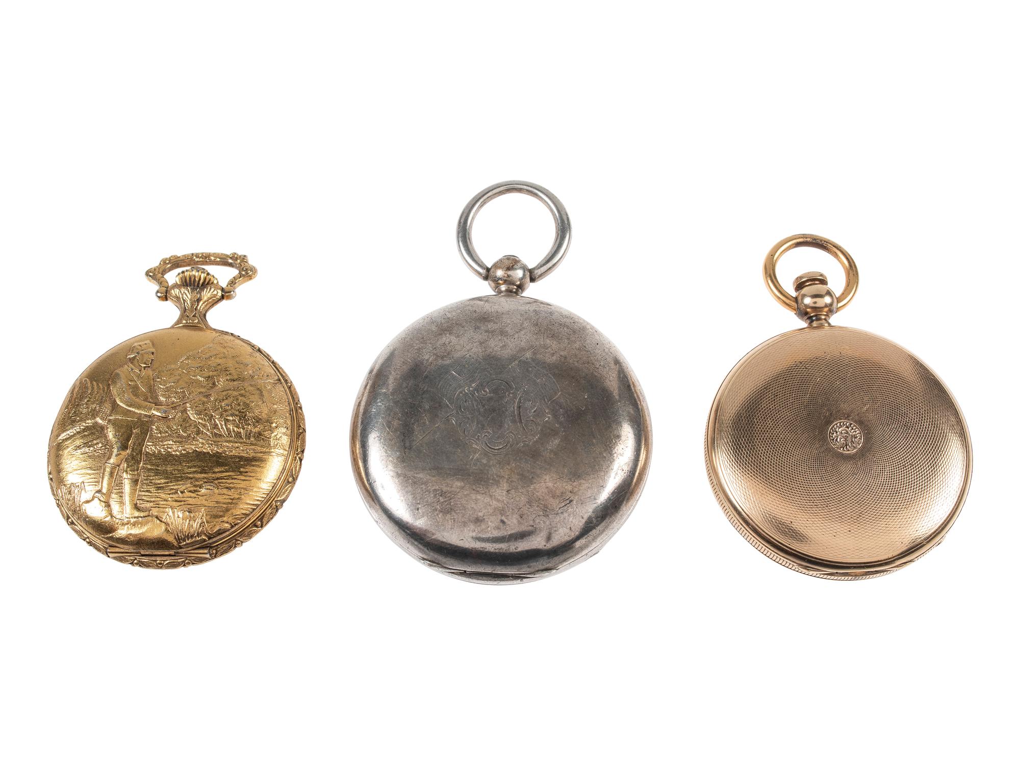 [WATCHES]. A group of 3 pocket watches, including one inscribed with a patriotic motif.