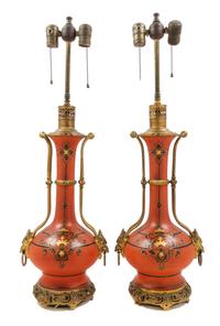 A Pair of French Gilt Bronze Mounted Glass or Porcelain Oil Lamps Height 30 inches. — LATE 19TH CENTURY