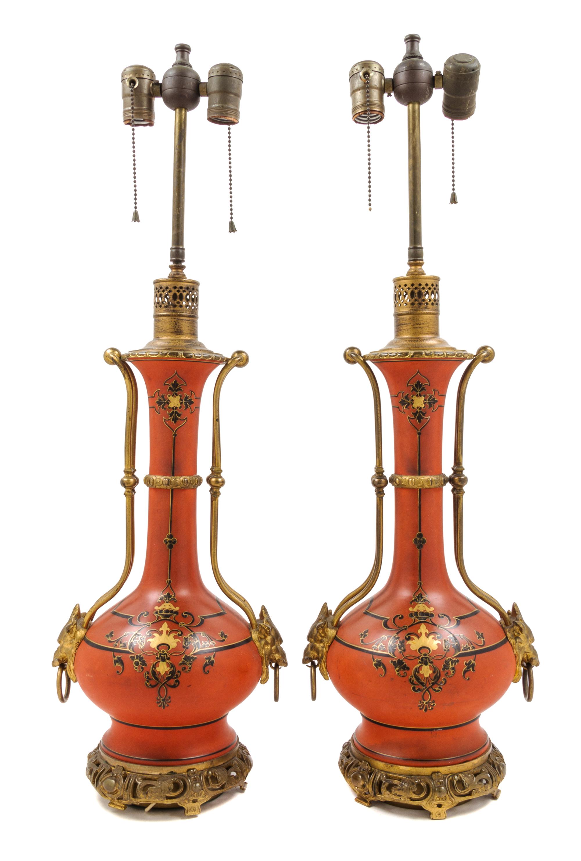 A Pair of French Gilt Bronze Mounted Glass or Porcelain Oil Lamps Height 30 inches. — LATE 19TH CENTURY