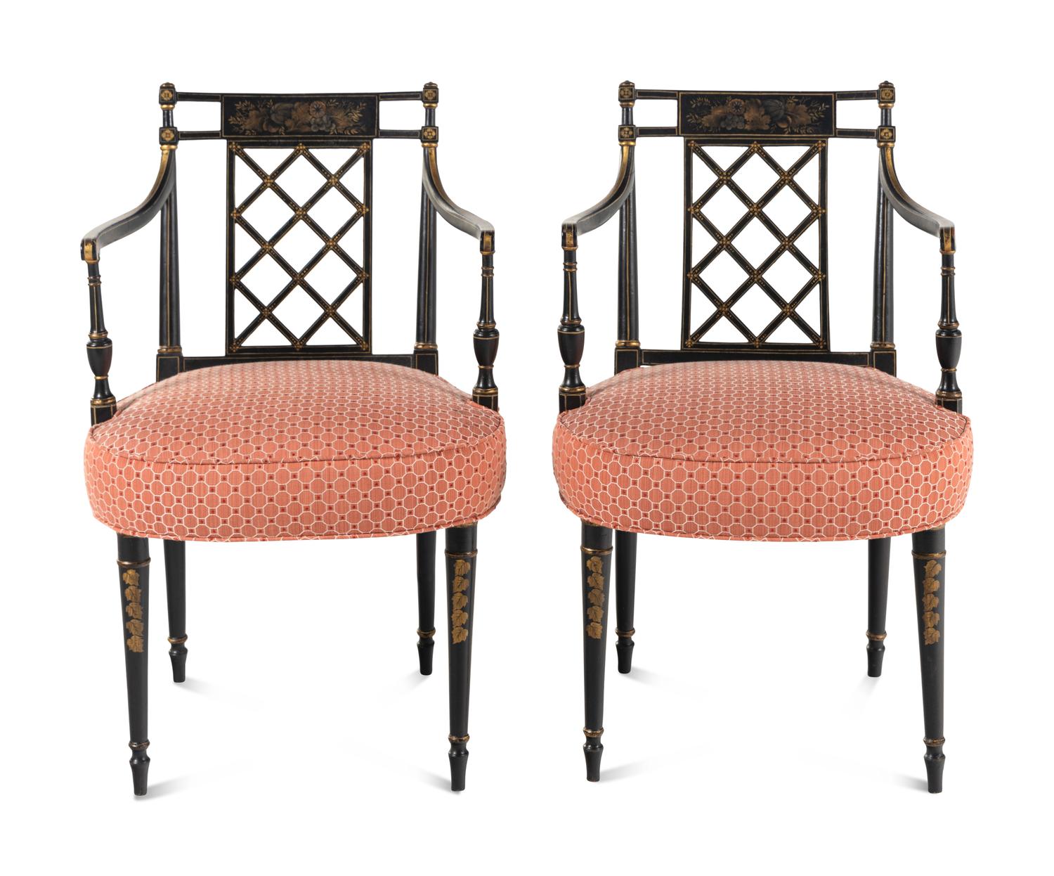 A Pair of George III Black Painted and Parcel-Gilt Armchairs