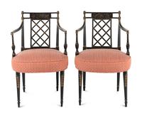 A Pair of George III Black Painted and Parcel-Gilt Armchairs