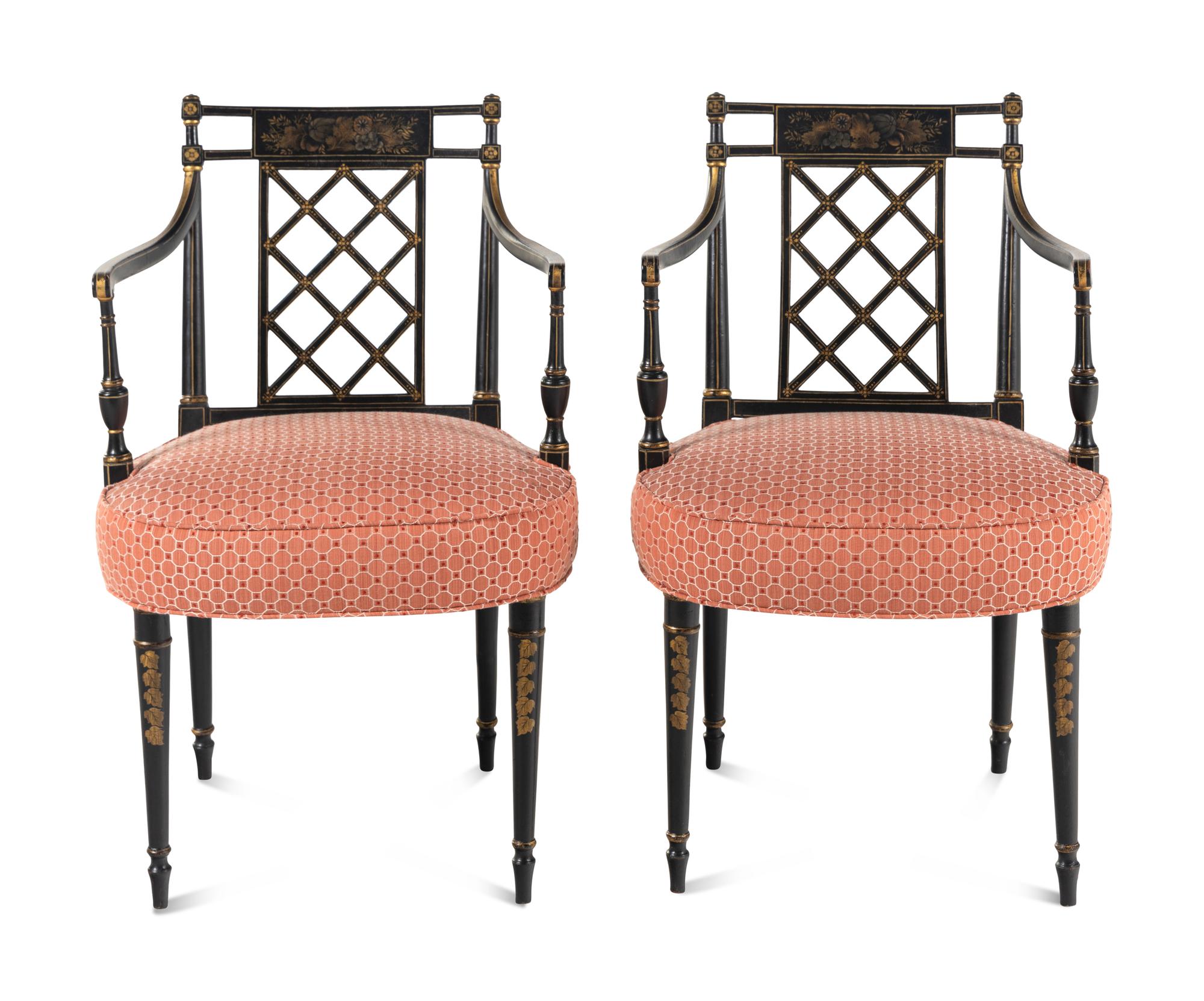 A Pair of George III Black Painted and Parcel-Gilt Armchairs