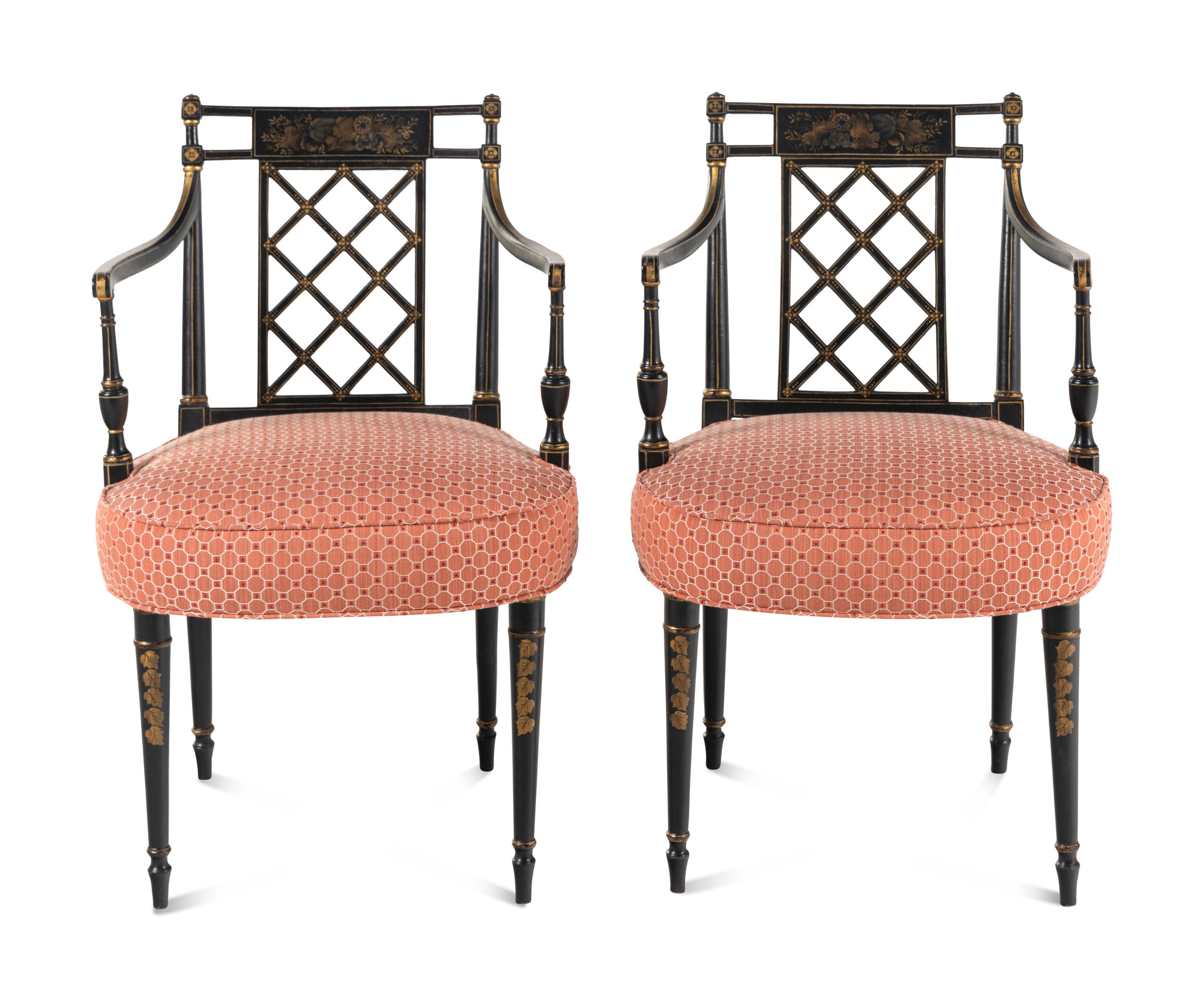 A Pair of George III Black Painted and Parcel-Gilt Armchairs