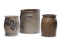 Three Cobalt Decorated Stoneware Vessels