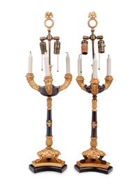 A Pair of Louis Philippe Style Gilt and Patinated Bronze Candelabra Mounted as Lamps