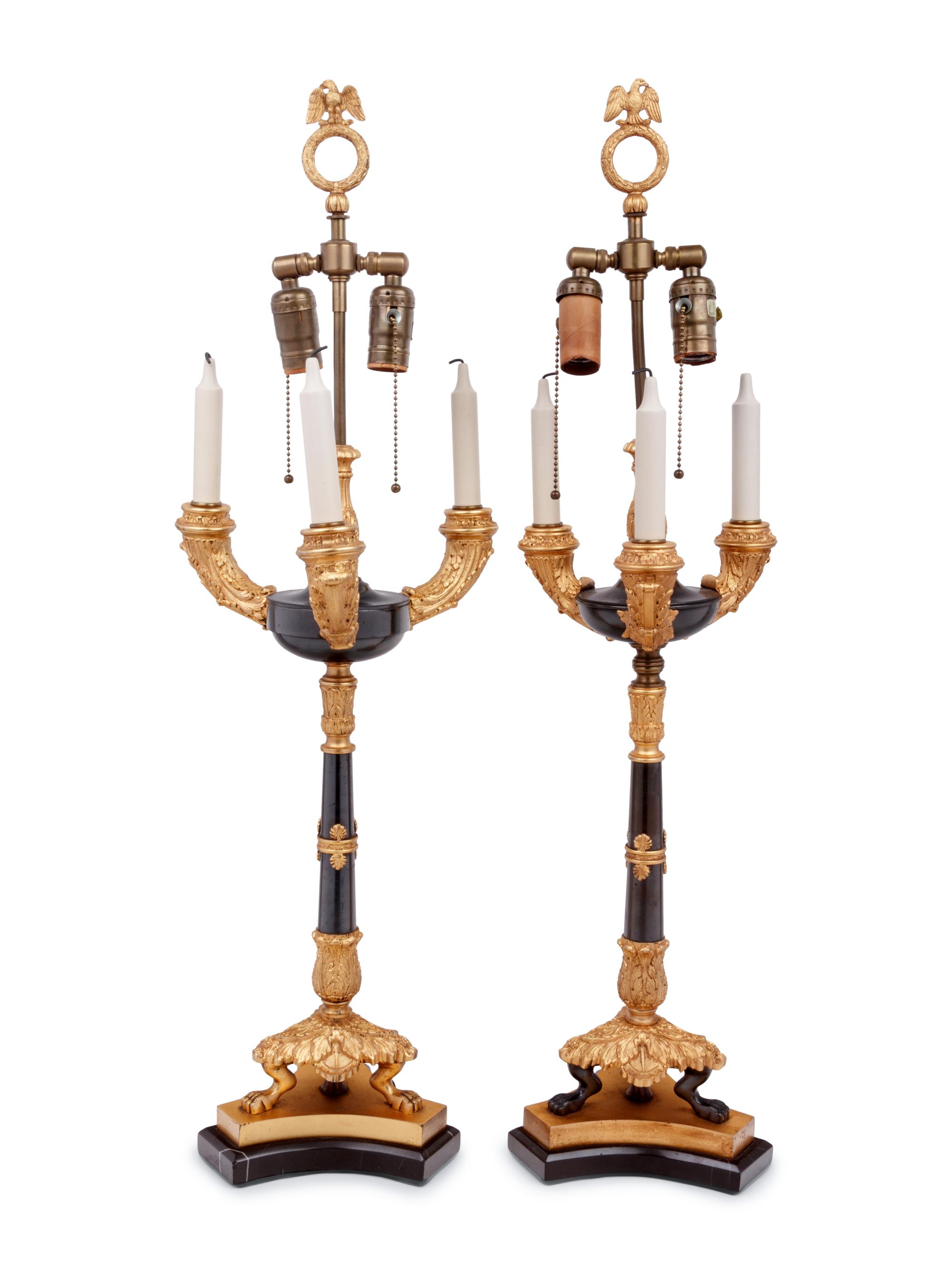 A Pair of Louis Philippe Style Gilt and Patinated Bronze Candelabra Mounted as Lamps